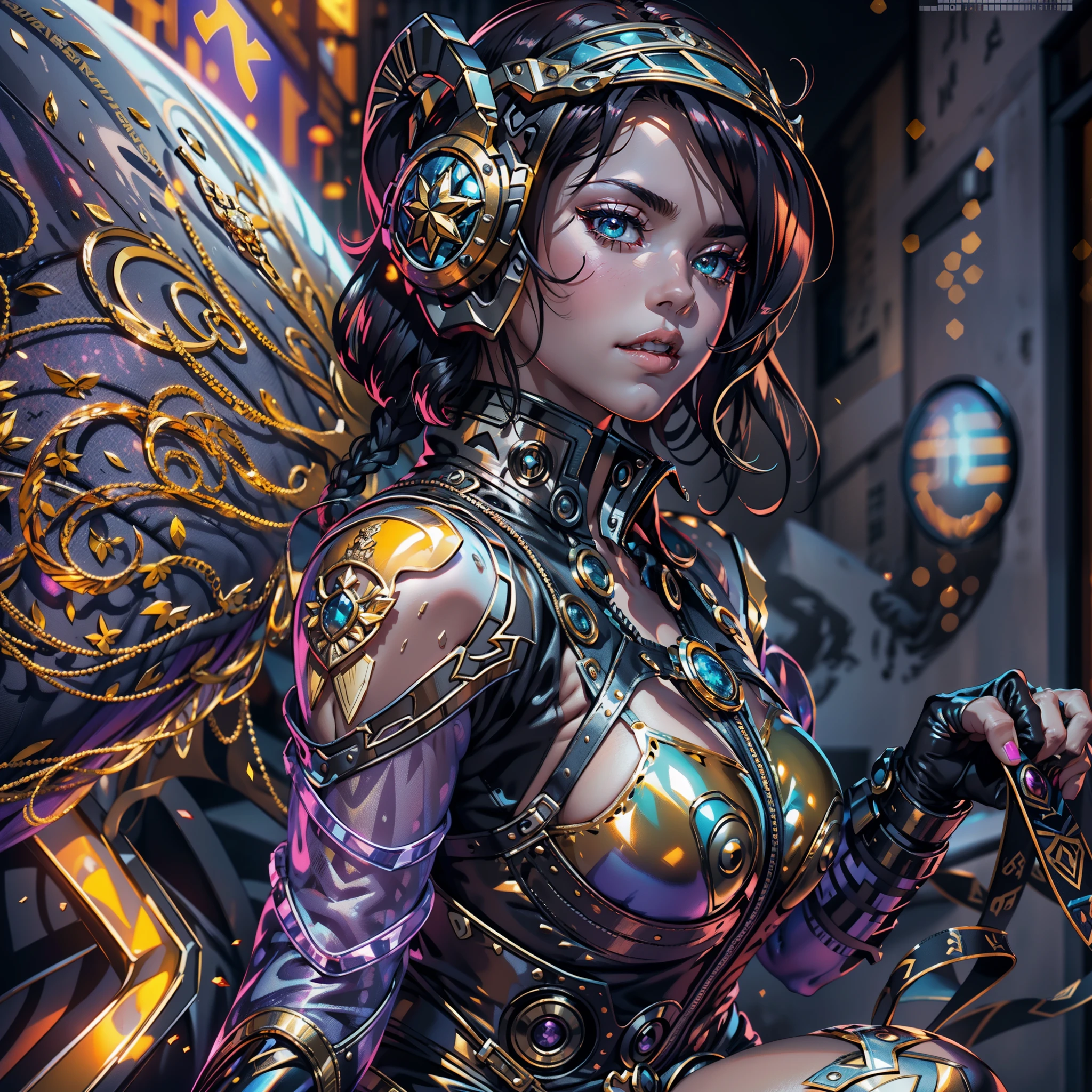 Futuristic fantastic girl on tarot cards, exquisite transparent skin, angel wings, sparkling universe, cyberpunk, full body, cute, sexy, very extreme and detailed details, attractive beautiful face, sparkly jewelry piercings, without breakdown of limbs, clean fingers, zentangle tattoo, floral ornament, flickering stars, golden ratio, Japan person