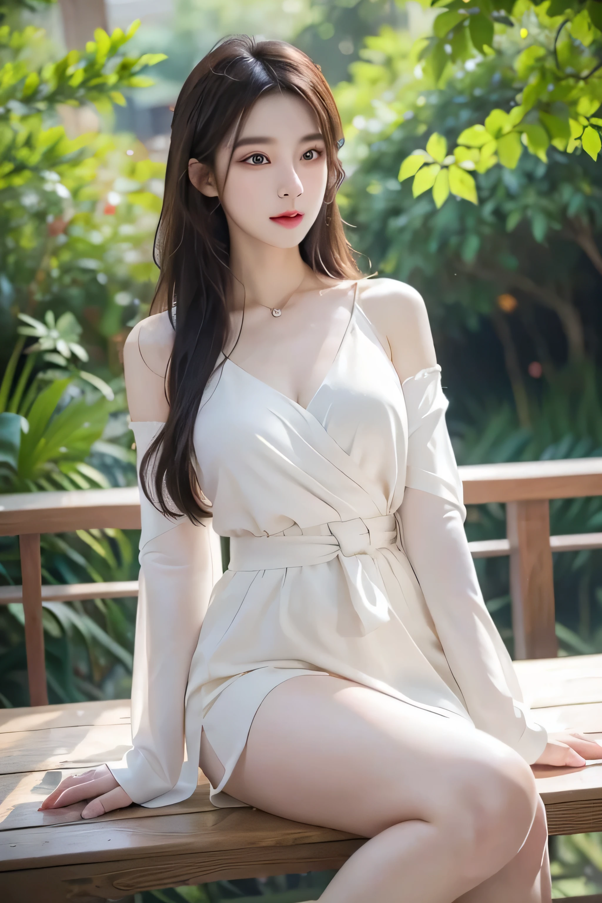 Romantic rose dress 2, Deep into wonderland，The moonlight falls like water，foggy room，The figure of the heroine is vaguely visible，Just like the fairy in the painting，Slender sexy legs，very nice legs，exposed sexy，medium sized breasts，美丽而又带着一丝mystery的色彩。Her face is beautiful and delicate，Like finely carved jade，Showing otherworldly beauty。eyebrows，The waves in my eyes are like twinkling stars，Show the light of perseverance and wisdom。The bridge of the nose is straight，Lip color like cherry，The slightly raised corners of the mouth reveal confidence and calmness。her face is chiseled，Skin as fair as jade，Reveal a healthy glow，Just like fairies, She never eats fireworks in this world。Her makeup is light and delicate，Not too much embellishment，But enough to show her temperament and charm。Light-colored foundation brings out the transparency of the skin，A light eyebrow pencil outlines her perfect eyebrow shape，Eye makeup is eye shadow and eyeliner，Make her eyes brighter and more energetic。嘴唇涂上grace的口红，Adds a bit of charm and sophistication。她的衣服grace别致，Clothes fluttering，It seems like it will be blown up by the wind at any time，drifting into the distance。既不失grace，Also showed off her extraordinary skills。A wide belt is tied around the waist，There is a crystal clear jade pendant hanging on it，Swinging with her movements。Her hair is tied back casually，Secure it with a hosta，A few strands of hair are fluttering gently in the wind，Adds a bit of softness。Her figure is looming in the fairyland，宛如一道Beautiful big breasts的风景线，Attracted everyone&#39;s concern。She seems to be a fairy in wonderland，Beautiful big breasts、grace、mystery、and full of power。（white dress，V-neck，short skirt，uniform clothing）