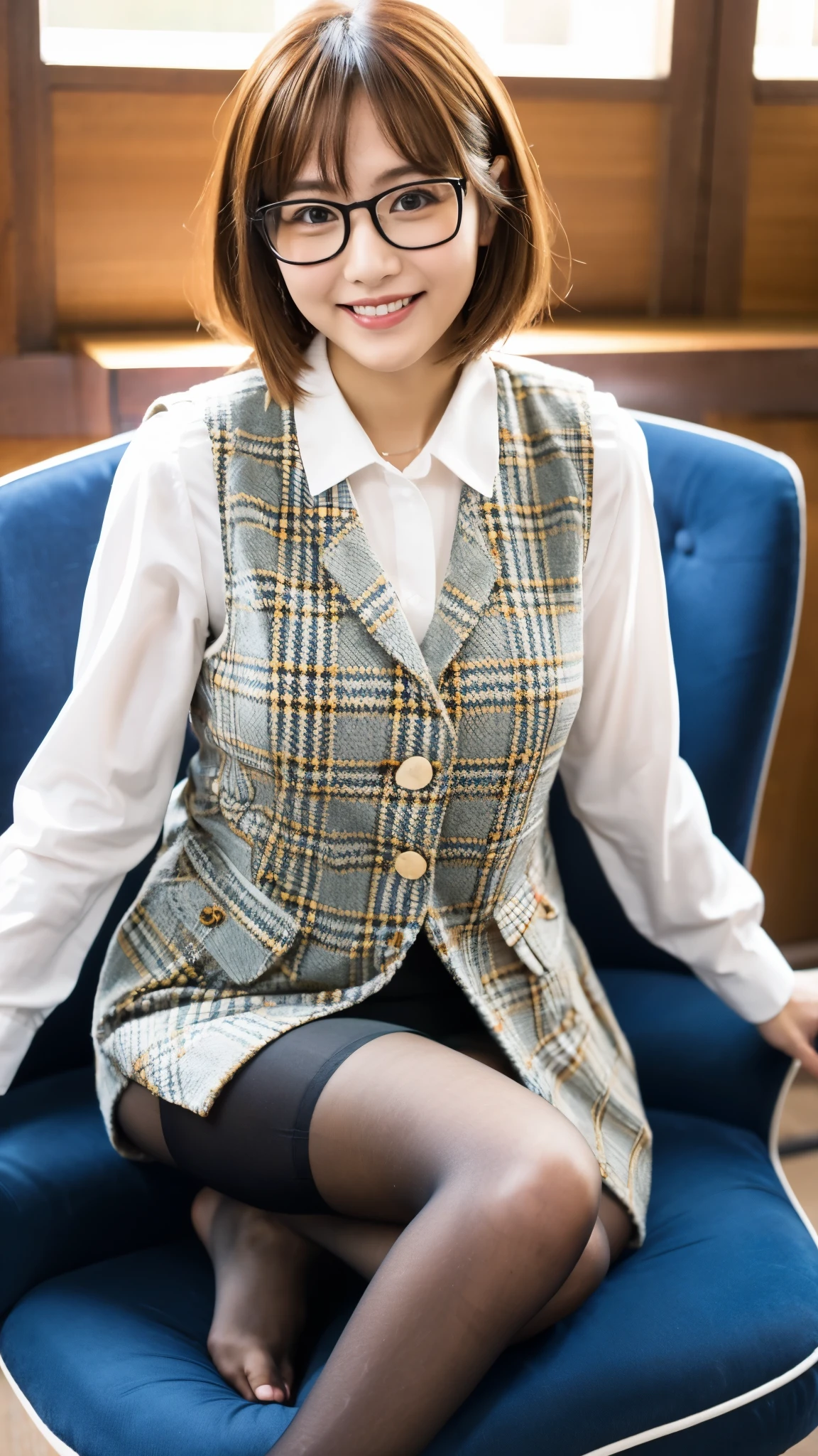 ulzzang-6500-v1.1, (RAW photo:1.2), (Photoreal), (genuine:1.4), (muste piece), A plain and quiet woman wearing glasses and a plaid vest., wear a skirt, with glasses, Slightly chubby body type、(super realistic pantyhose:1.2), thick glasses, Yoshitomo Nara, tits, japanese goddess, with glasses on, sexy girl, Otaku-like appearance, big glasses, wore black glasses, Otaku-like, sexy gaze, (very affectionate smile:1.2)、 ((full body shot:1.16))、sitting on a chair and working、Super realistic skin texture、shiny skin、exposed thighs!!!