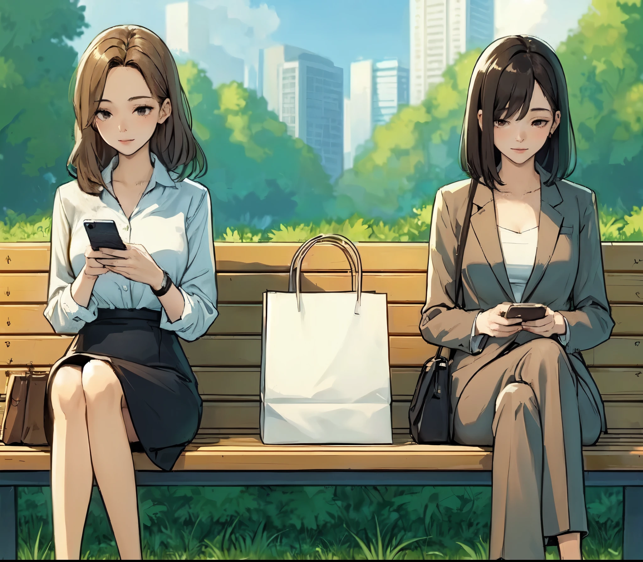 2ladies, sitting on (end of bench), (office worker outfit) stylish, mature female, /(light brown hair/) bangs, (looking at cellphone), (masterpiece best quality:1.2) delicate illustration ultra-detailed, large breasts BREAK /(black hair/) bangs, (gazing into distance) BREAK ((simple paper bag:1.2) sitting in middle of bench) BREAK (ordinary urban park) outdoors, (green landscape), noon, detailed background