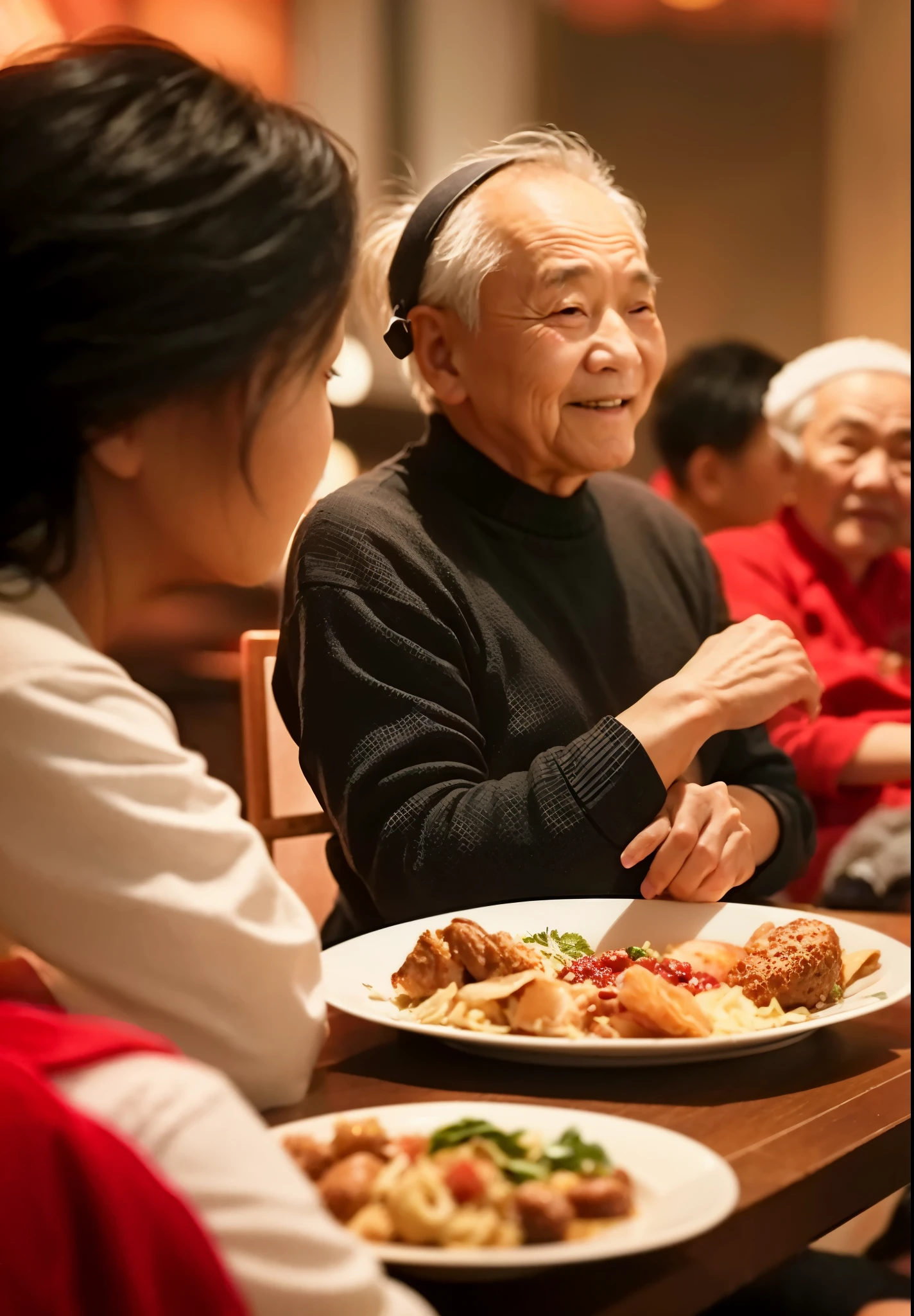 A 60-year-old man ate in the community cafeteria with five friends in a senior citizen community, Chinese old man, Chinese style red festive atmosphere，Warm and joyful atmosphere, A happy stills Chinese style
