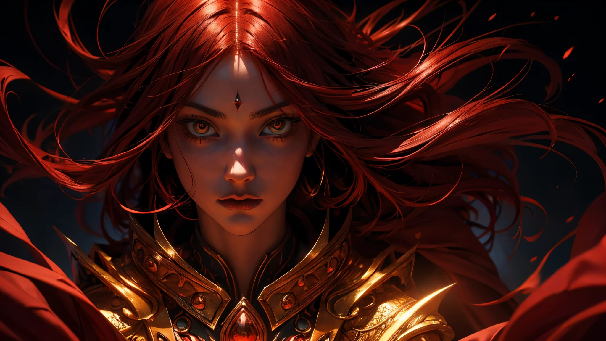 (1 beautiful woman, alone, fantasy artwork, long red hair, red costume with cape, black magic, red powers in hand, black pants, floating, powerfull, majestic view, looking at the viewer, red glow in the eyes, (Surrealism, depth of field, cinematic lighting, ray tracing, close-up, dramatic pose, digital art, dramatic photo, symmetrical eyes, complex background), (masterpiece, textured skin, super detail, award winning, best quality, 16k, HDR),
