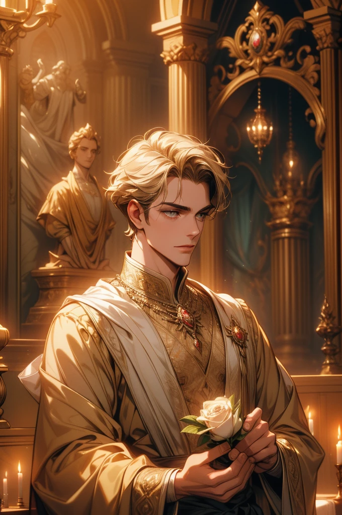 A picture of a charming prince holding a rose, Disney Beauty and the Beast reference, enchanting and gentle smile, dressed in golden shimmering dress, half body::4, charismatic and romantic demeanor, and regal appearance, Digital Art style, art by Martin Ansin, magical and ethereal soft focus portrait, captivating eyes and chiseled features, front view::, 16k, ultra hd --ar 9:16 --q 2 --niji 5