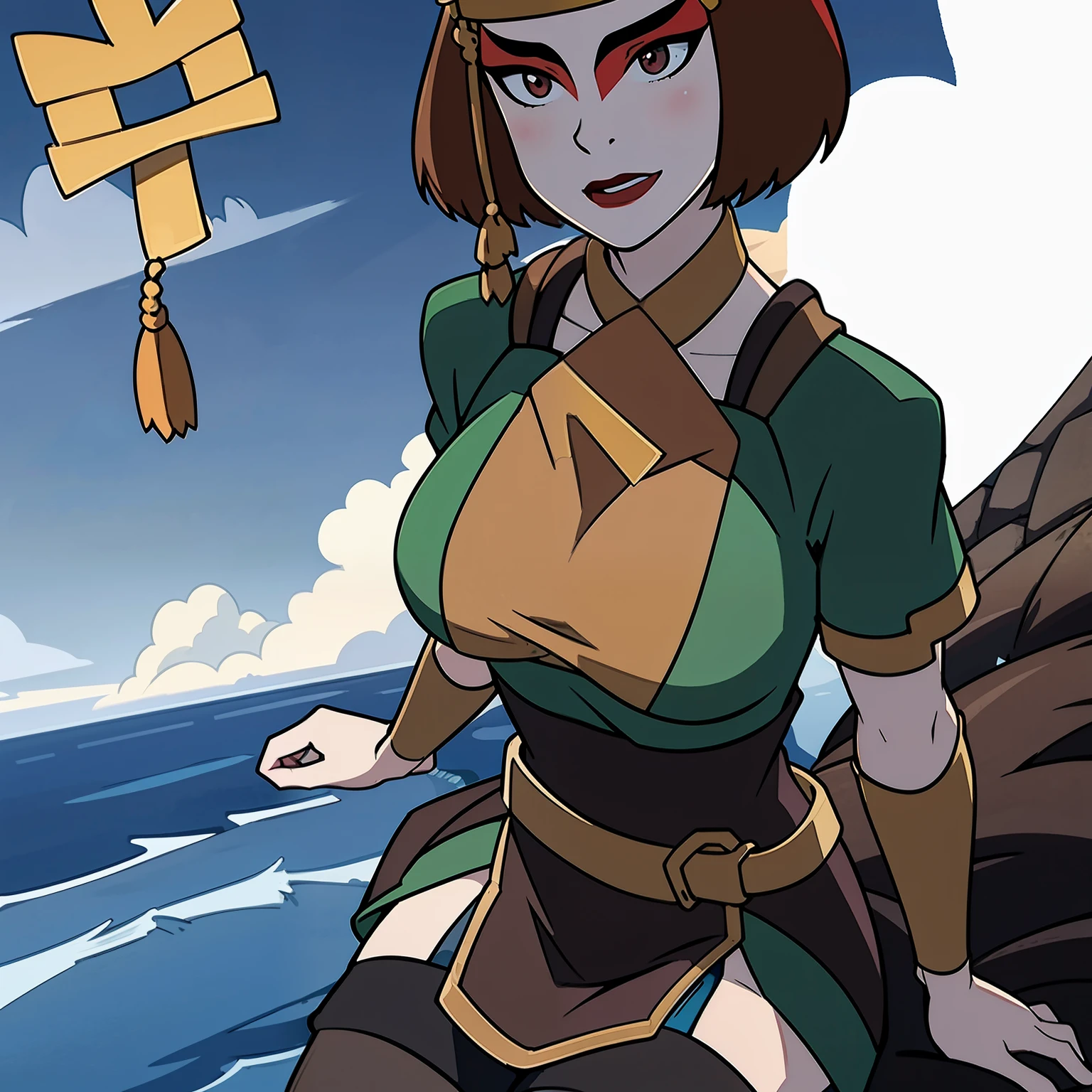 Suki avatar. Gold headpiece. Short brown hair. Green clothing. Red eye lids. Red above eye. Sexy. Horny face. Tits. 