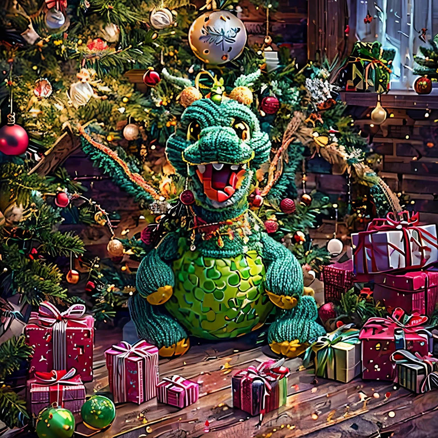 (La best quality,high resolution,super detailed,actual),cute knitted dragon，in the room，smiley face，Christmas decoration，surrounded by christmas gifts，A masterpiece with fantasy elements）））， （（best quality））， （（intricate details））（8k）