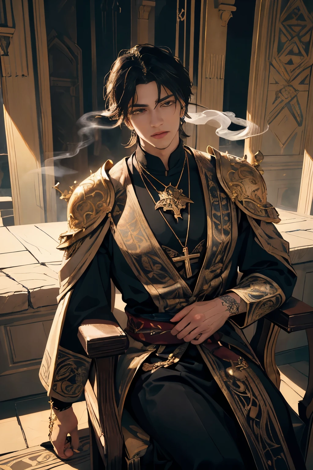 (best quality,4k,8k,highres,masterpiece:1.2),ultra-detailed,(realistic,photorealistic,photo-realistic:1.37),young man with black hair,(shaved temples:1.1),(golden eyes:1.1),sits on a detailed throne, fantasy clothing,dark atmosphere,dramatic lighting,dense fog,ornate decorations,ancient symbols,mystical aura,ominous shadows,spiky leather armor,tattoos on arms,crown with intricate carvings,elaborate patterns,sharp edges,tattered banners and flags,stone pillars with engravings,gold accents and jewelry,eyes glowing with magic,smoke rising from beneath the throne,glowing runes,heart-shaped pendant hanging from neck