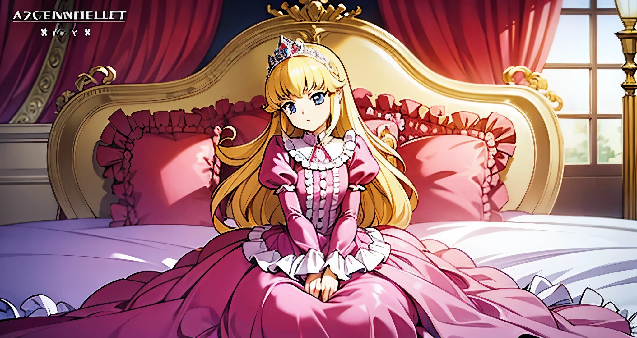 ,highest quality, masterpiece, highest resolution, artwork, super それにget used to it, many get used to it, get used to it, それにget used to it, 3K anime illustration,,(( When I was )),Super detailed baby face,She is a princess,Full length ball gown dress with hoop skirt,ruffled yoke collar,puff sleeves,long sleeve,((Lolita style pink detailed princess satin dress、Comes with lots of frills and ribbons。)),colorful rococo fashion,shiny satin dress,Soft and smooth fabric,luxury,long blonde hair,blue eyes,white skin european,pajamas,((inside the palace)),,,(( When I was 10 years old)),Sd baby face,Full length ball gown dress with hoop skirt,long skirt,ruffled yoke collar,puff sleeves,腰まで伸びるlong blonde hair,blue eyes,white skin european,pajamas,((inside the palace bedroom)),ピンクのシルクサテンのluxuryなcanopy bedの上,canopy bed,luxurious curtains under the canopy,many frilly pillows on the bed,super detailed background,detailed bed,silk satin bed sheets,soft silk satin comforter,Soft silk satin ruffled pillow in pastel colors,little princess is sitting on the bed,legs are hidden in the dress,Don't put your feet out to the side,Beautiful girl illustration,detailed beautiful face detailed hair,detailed human eye ,detailed mouth, arm details,fine hands,Detailed pillow,Frilly pillows piled up behind the girl,