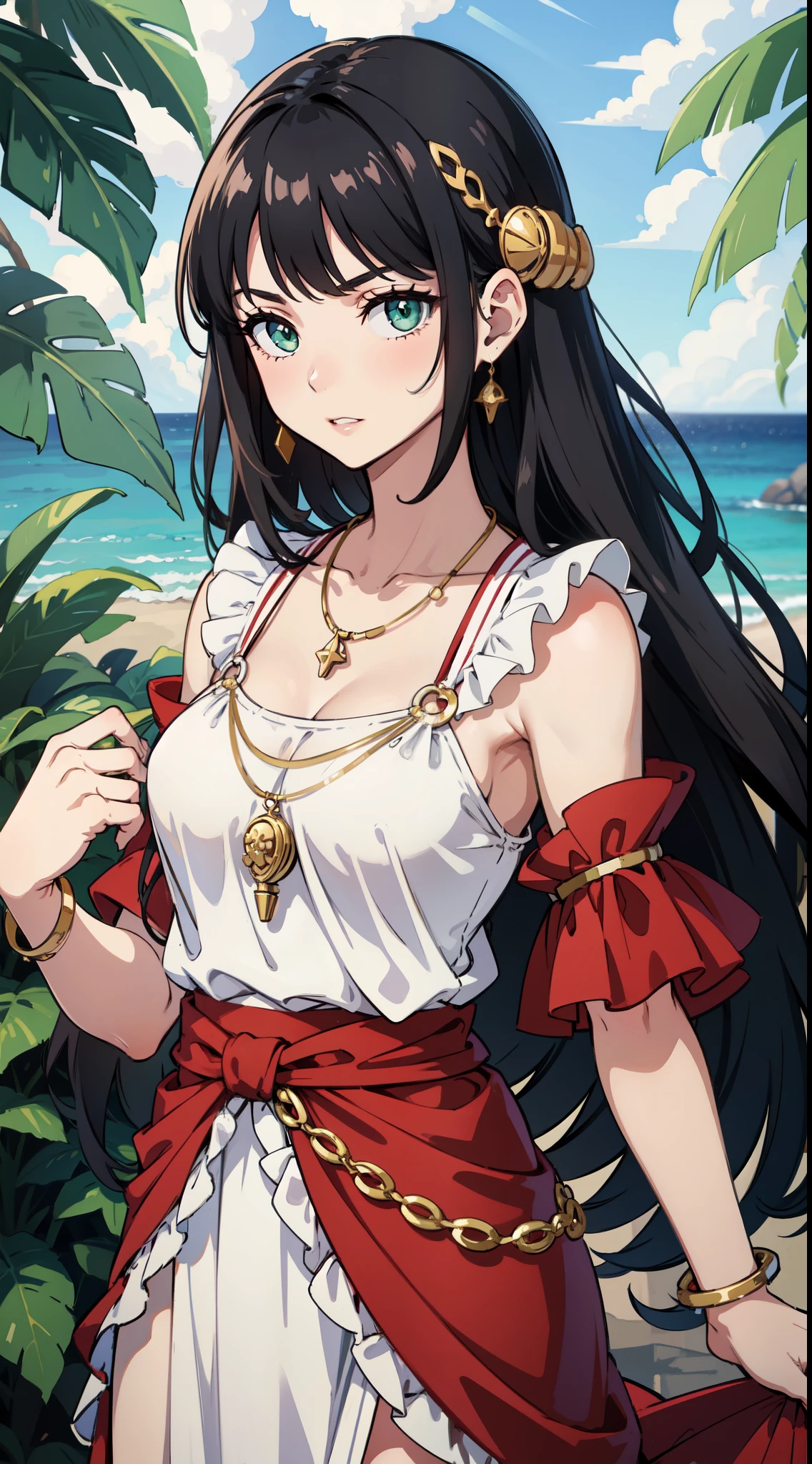 A gypsy with green eyes black hair, white blouse with gold medals and red skirt with ruffles, seashell necklaces.