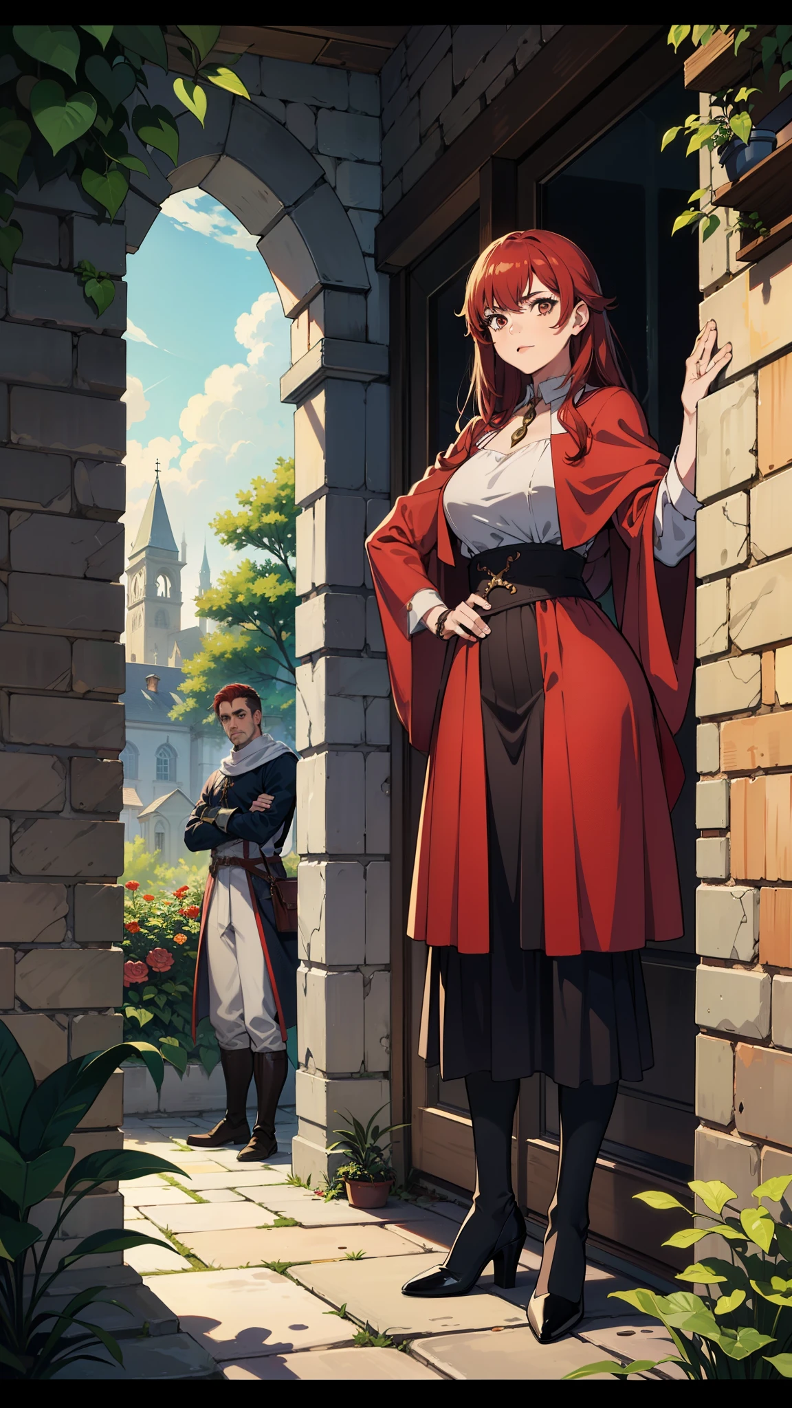 A light brown man and a red-haired woman dressed in medieval clothes posing for a painting, like a medieval fantasy character, in a garden