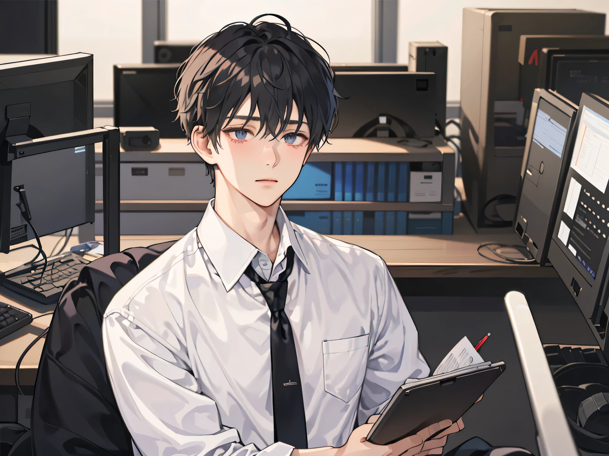 1 boy，((alone)),adult，shy,tired look，suit，white shirt，Upper body,tie，dark circles under the eyes,pants，highest quality，employee，facial details，office,(background office)