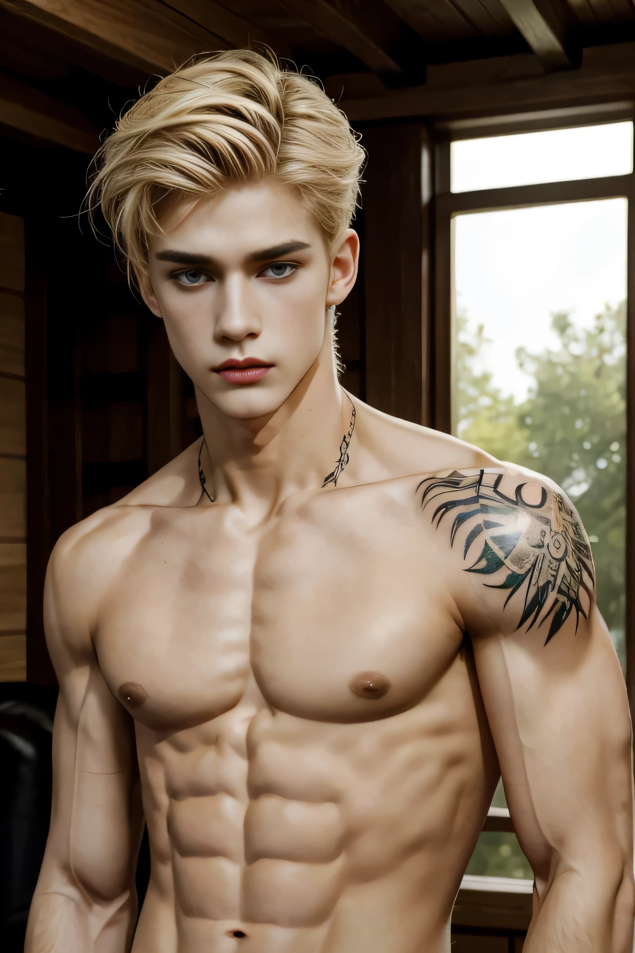 masterpiece, best quality, handsome 20 year old, fair skin male, blonde hair, perfect face, chest abs, slender, masculine, tattoos, 