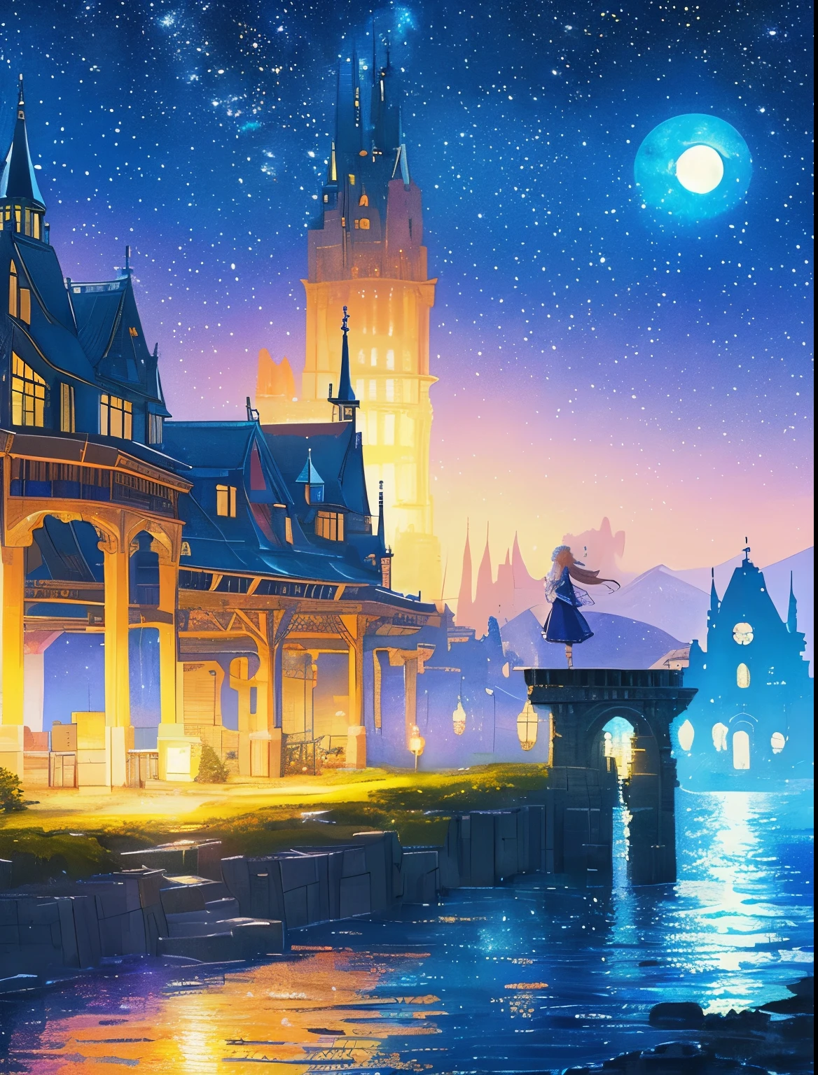((huge pale yellow moon))((A girl who looks up at her profile and is subjectively depicted))、((crying girl))、Profile girls、On a multicolored background、Painting of a river with stars and moon in a rainbow sky、Shining skyscrapers、shine all over、Concept art inspired by Mitsuoki Tosa、pixiv contest winner、highest quality、fantasy art、beautiful anime scene、bright moon、moonlit star environment、dream picture、anime backgroundアート、fantasy landscape art、fantasy knight、anime background、background artwork、great art、Atmospheric anime、starry sky、Detail has been enhanced。