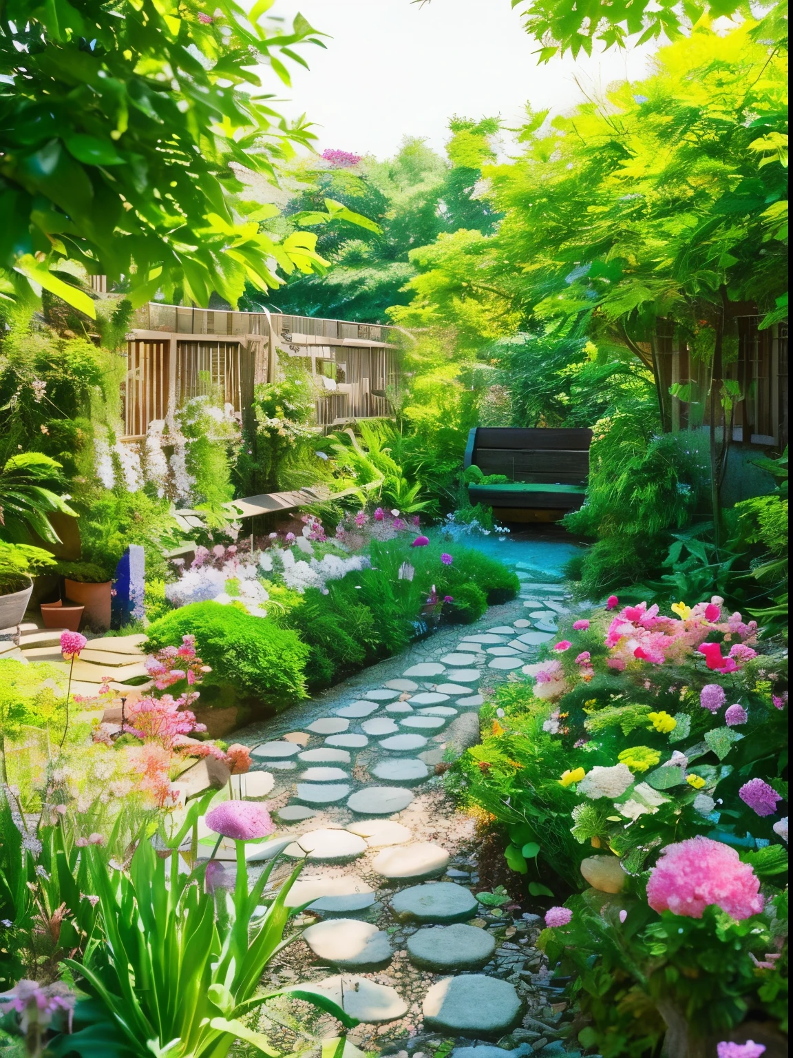 A charming garden filled with blooming flowers, butterflies, and a small pathway leading to a hidden bench