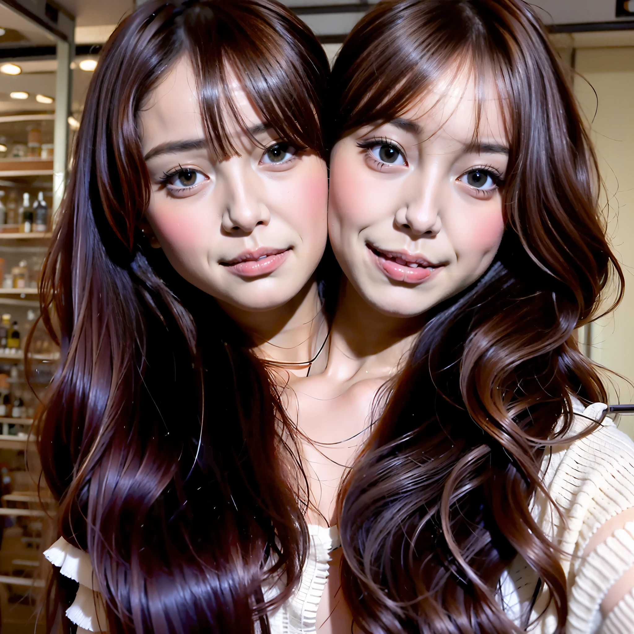 two young women with long brown hair posing for a picture, beautiful gemini twins portrait, beautiful gemini twins, beautiful highly symmetric faces, korean symmetrical face, with a twin, twintails hairstyle, beautiful sci - fi twins, ulzzang, ig model | artgerm, lalisa manobal, siamese twins, with symmetrical facial features
