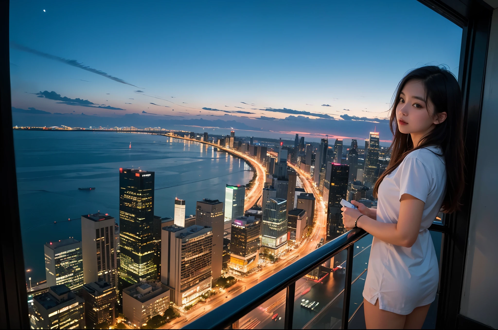 A woman in a white silk dress stands on a white balcony against the backdrop of the night city.. a high resolution