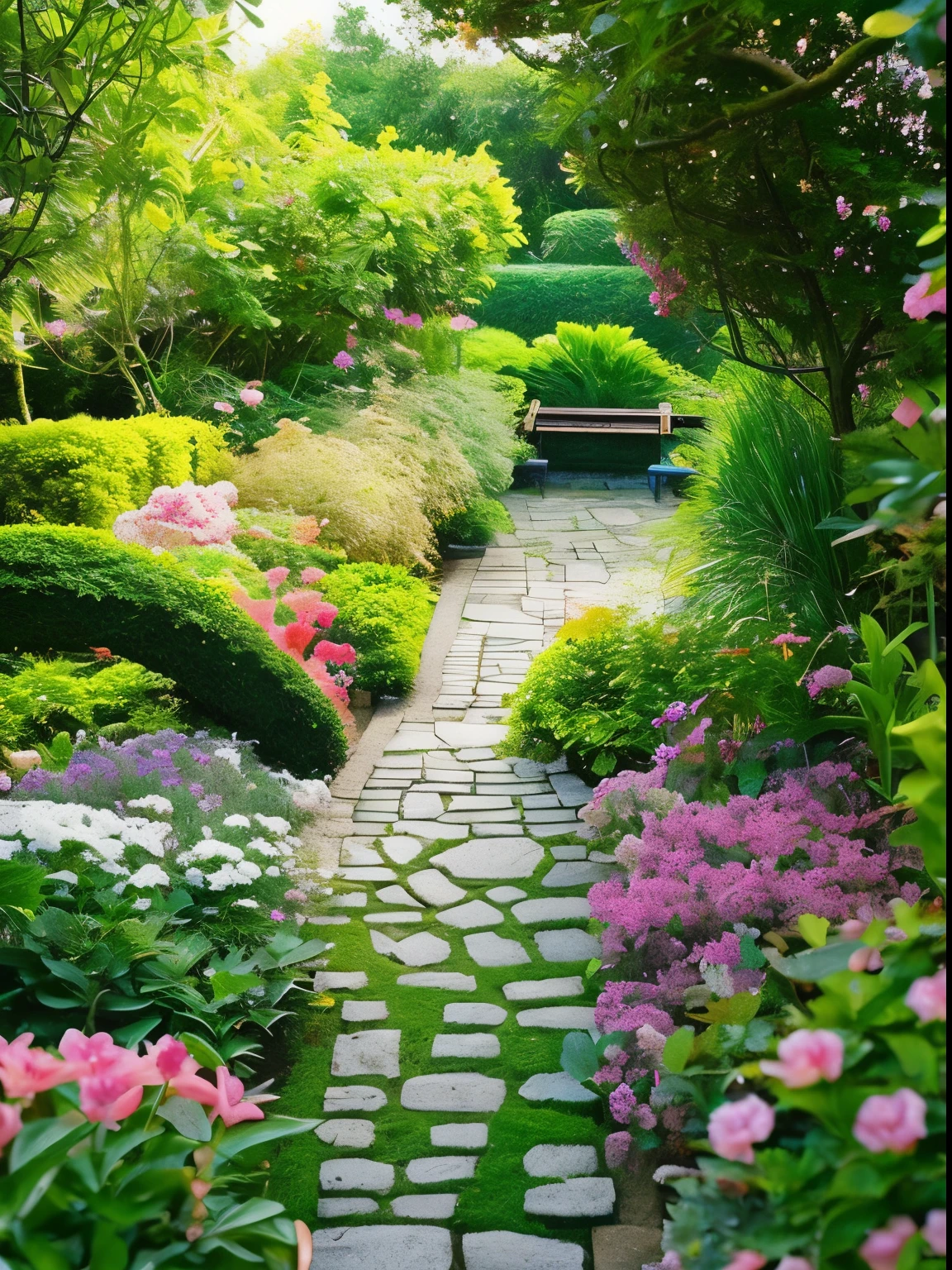 A charming garden filled with blooming flowers, butterflies, and a small pathway leading to a hidden bench