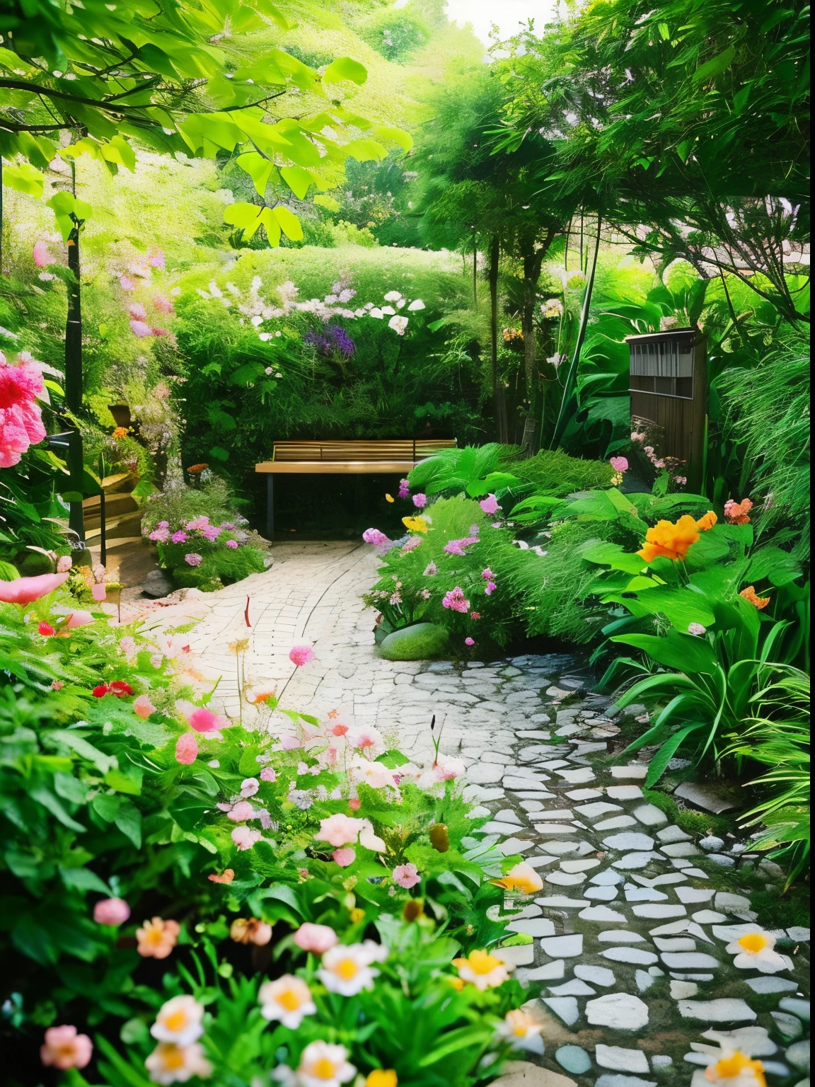 A charming garden filled with blooming flowers, butterflies, and a small pathway leading to a hidden bench