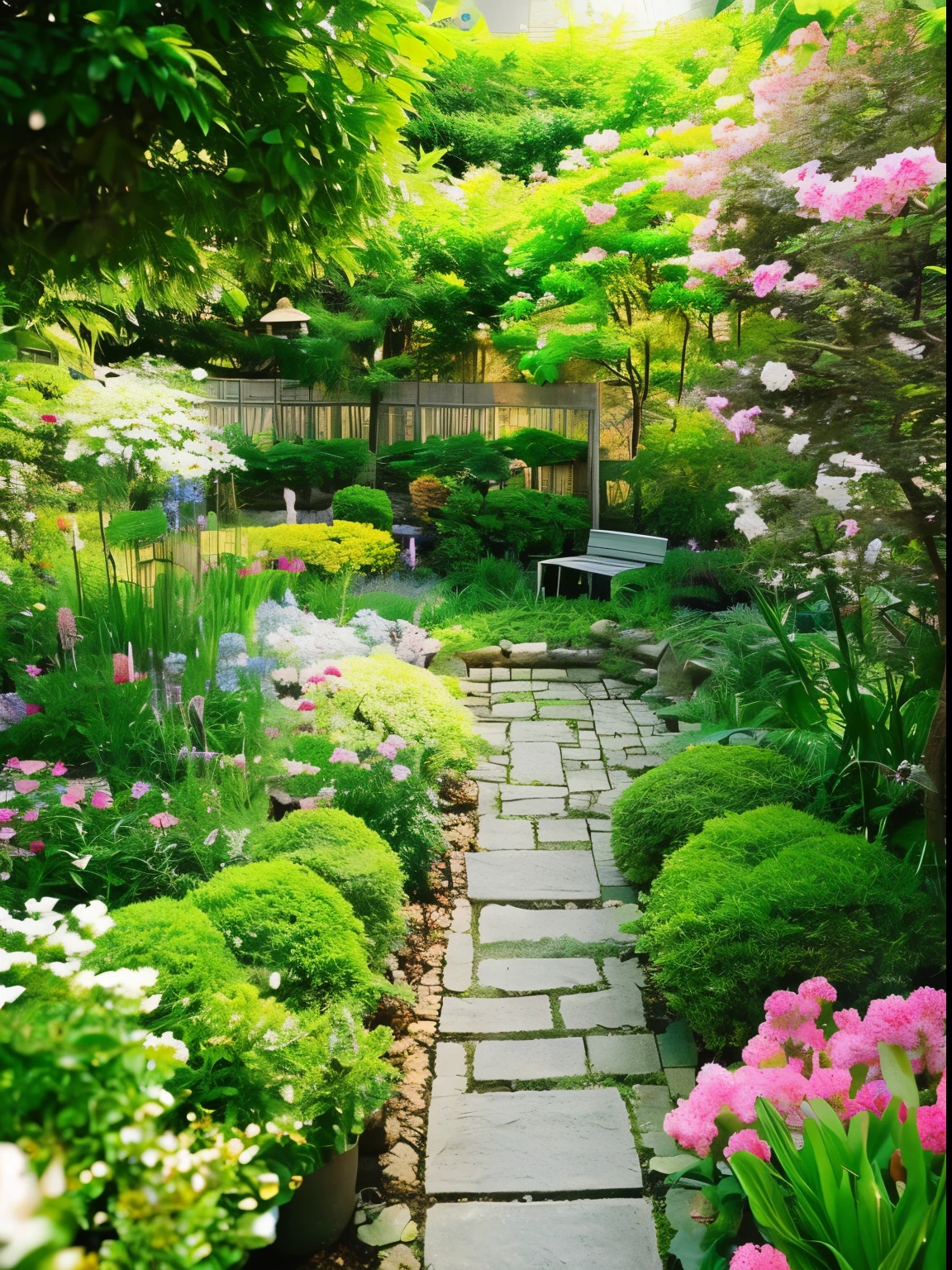 A charming garden filled with blooming flowers, butterflies, and a small pathway leading to a hidden bench