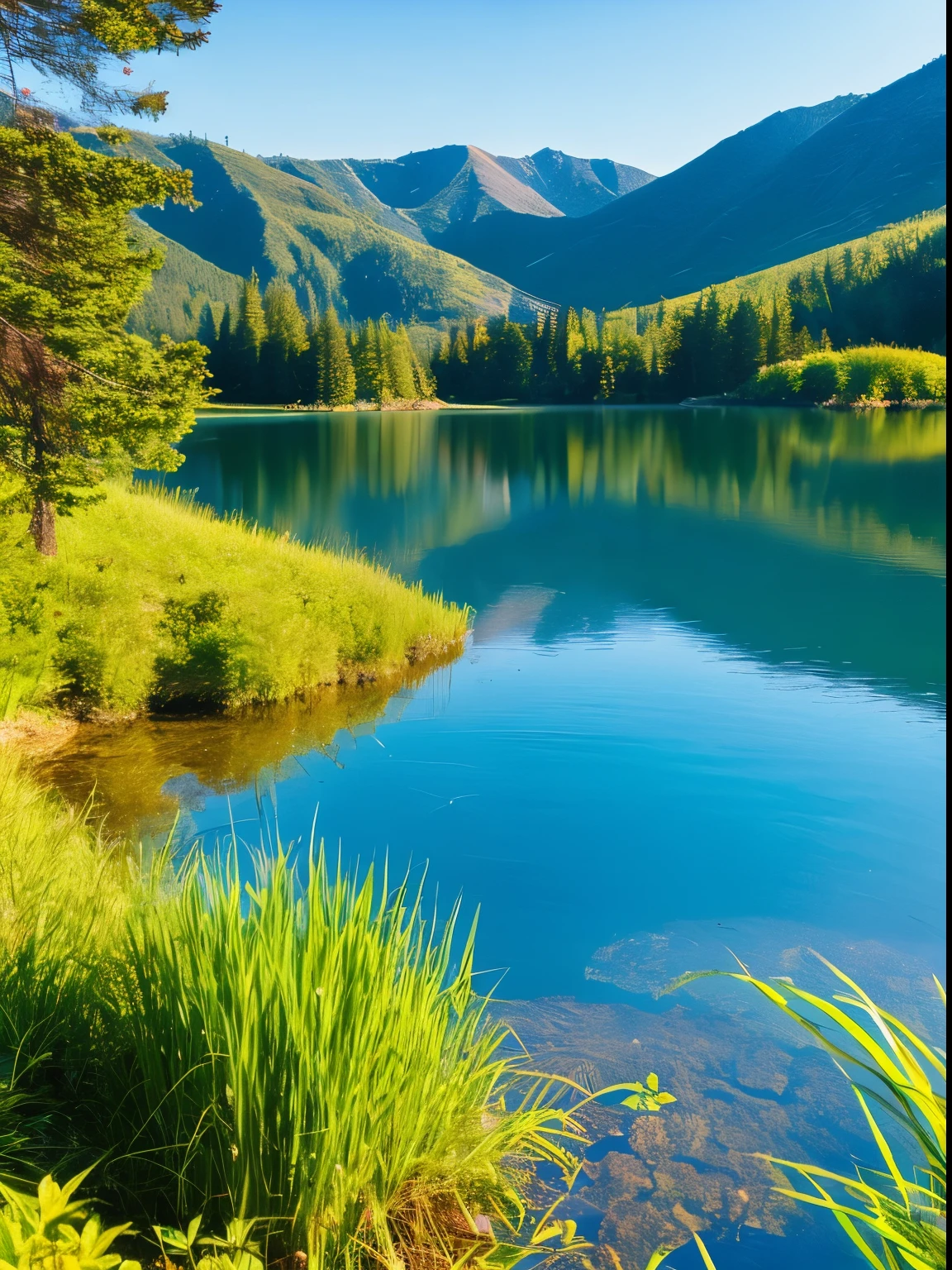 peaceful mountain landscape with a clear lake, surrounded by lush forests and a clear blue sky above.”