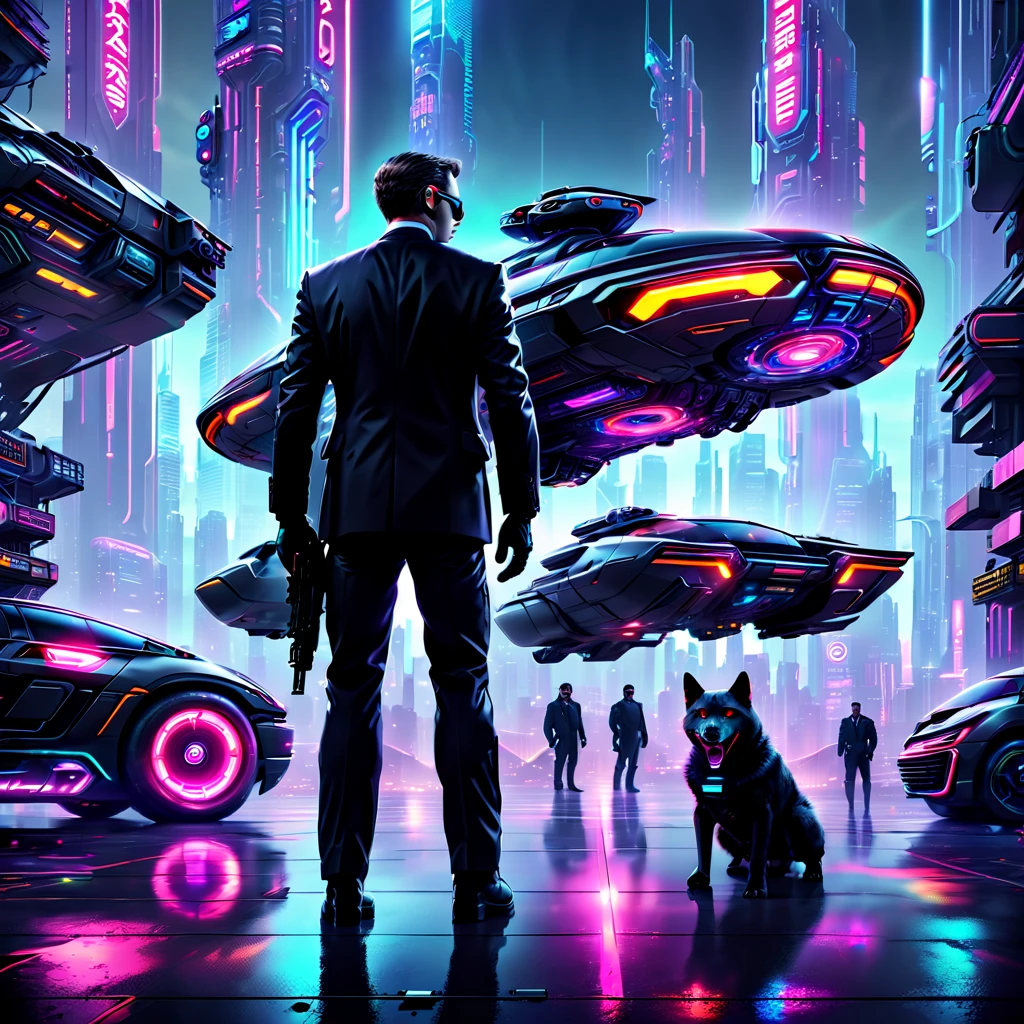 in the distant future,An agent in a black suit walks through the shadows of a high-tech city,There are flying cars everywhere、Huge screens and flashing neon lights。The agent looks determined,Holding a gun from the future,Close surveillance of a target building,Prepare for a dangerous and mysterious mission。The night reflected coldly on his equipment,Create a futuristic and tense scene。This world is full of unknowns and challenges,It takes the intelligence and technical prowess of an agent to complete this nearly impossible task。
