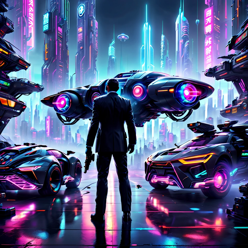 （A man in a stylish black suit:1.5），A futuristic agent equipped with exquisite weapons and equipment，The agent stood firm.，Be prepared，Showcasing a variety of high-tech equipment that is seamlessly integrated into the garments。The background should suggest a future urban landscape，Advanced technology and architecture visible。Agent&#39;s equipment includes innovative and advanced gadgets and weapons，Highlighting the advanced nature of the world they live in。The overall image should convey a sense of mystery、A sense of sophistication and cutting-edge technology。