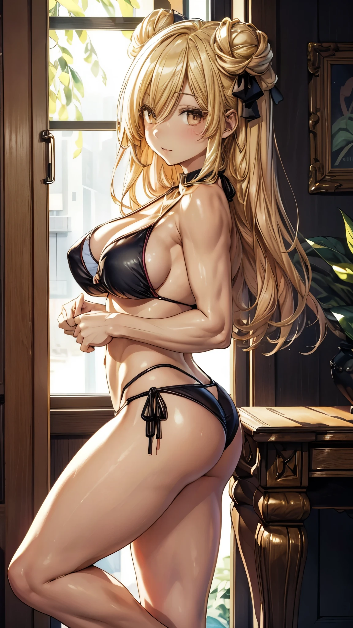 Mukuro is a beautiful young woman with a voluptuous body, having a bust considered disproportionately large for her physical age. She has golden eyes combined with flowing blonde hair that is longer than her own body. She ties her hair in an Odango hairstyle and wears ribbons around her buns, she has muscular legs and a muscular stomach, a small waist, and (((wears a very sexy and small bikini that leaves her entire backside exposed and her breasts exposed) )), showing the foot, {{{full body photo}}}, (((in the motel room))), (((giant breasts))), Big Breasts, just breasts, Huge Breasts, bare feet, cute smile looking at me, ((backwards)), showing her big ass to me, very sexy, (bare legs)