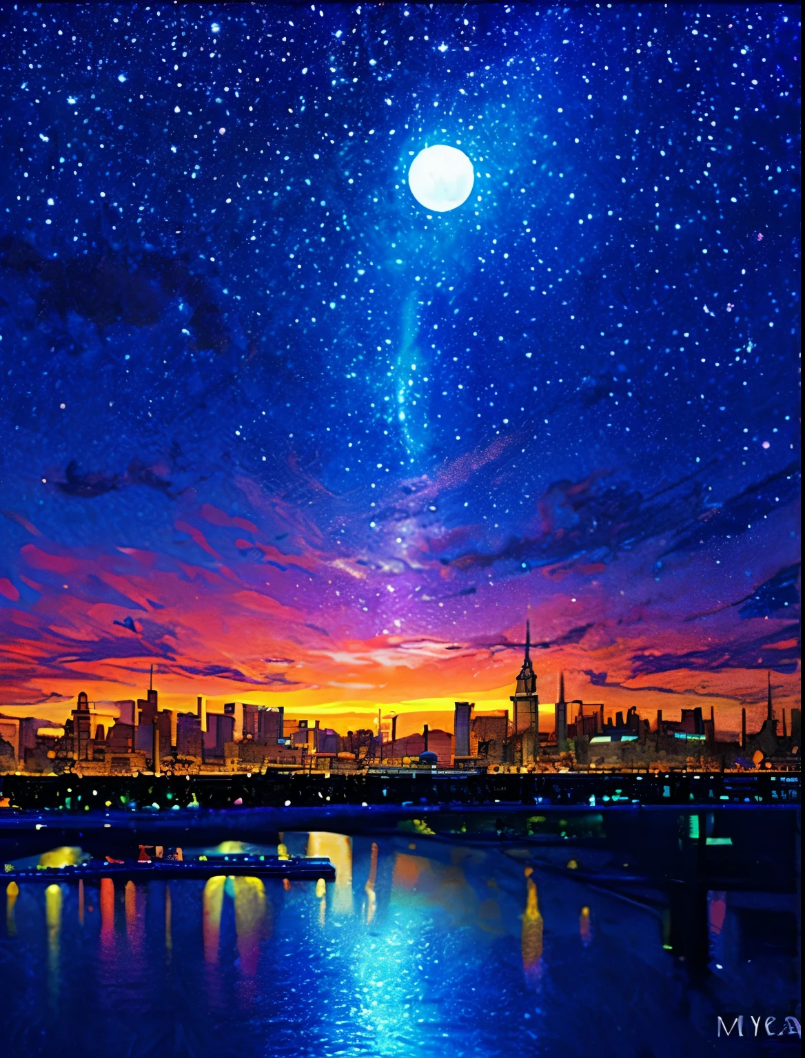 Colorful Metropolitan Museum of Art、A painting of a river with stars and the moon in a rainbow sky、met、輝くskyscraper群、shines all over、skyscraper、Concept art inspired by Mitsuoki Tosa、pixiv contest winner、highest quality、fantasy art、beautiful anime scene、bright moon、moonlit star environment、dream picture、anime backgroundアート、fantasy landscape art、fantasy knight、anime background、background artwork、amazing art、Atmospheric anime、starry sky、Detail has been enhanced。