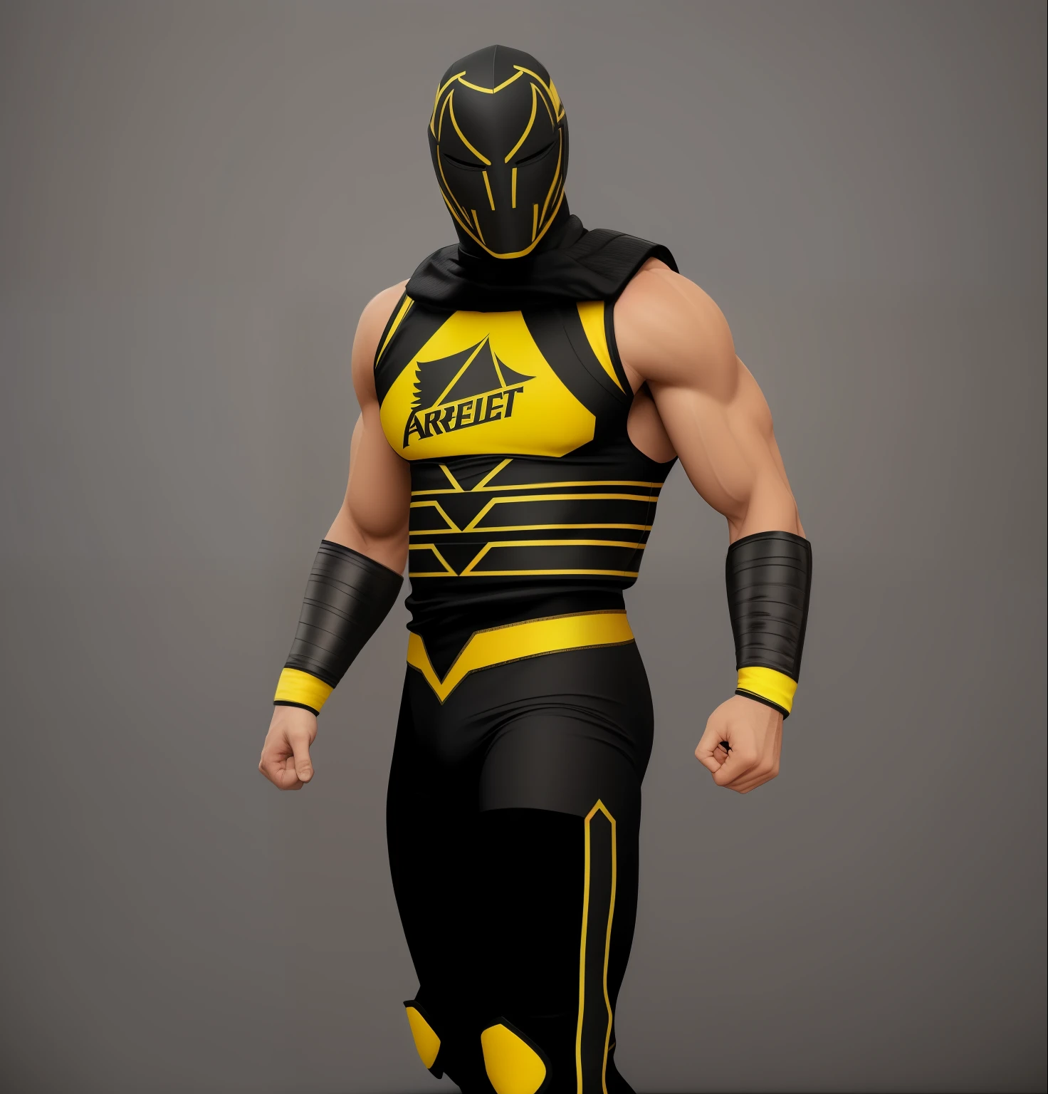 ((masterpiece, best quality)),arafed man in a yellow and black cloth wrestling outfit with a black cloth mask, realistic arm skin , wrestler, black armor with yellow, high detail iconic character, photo realistic, intricate details