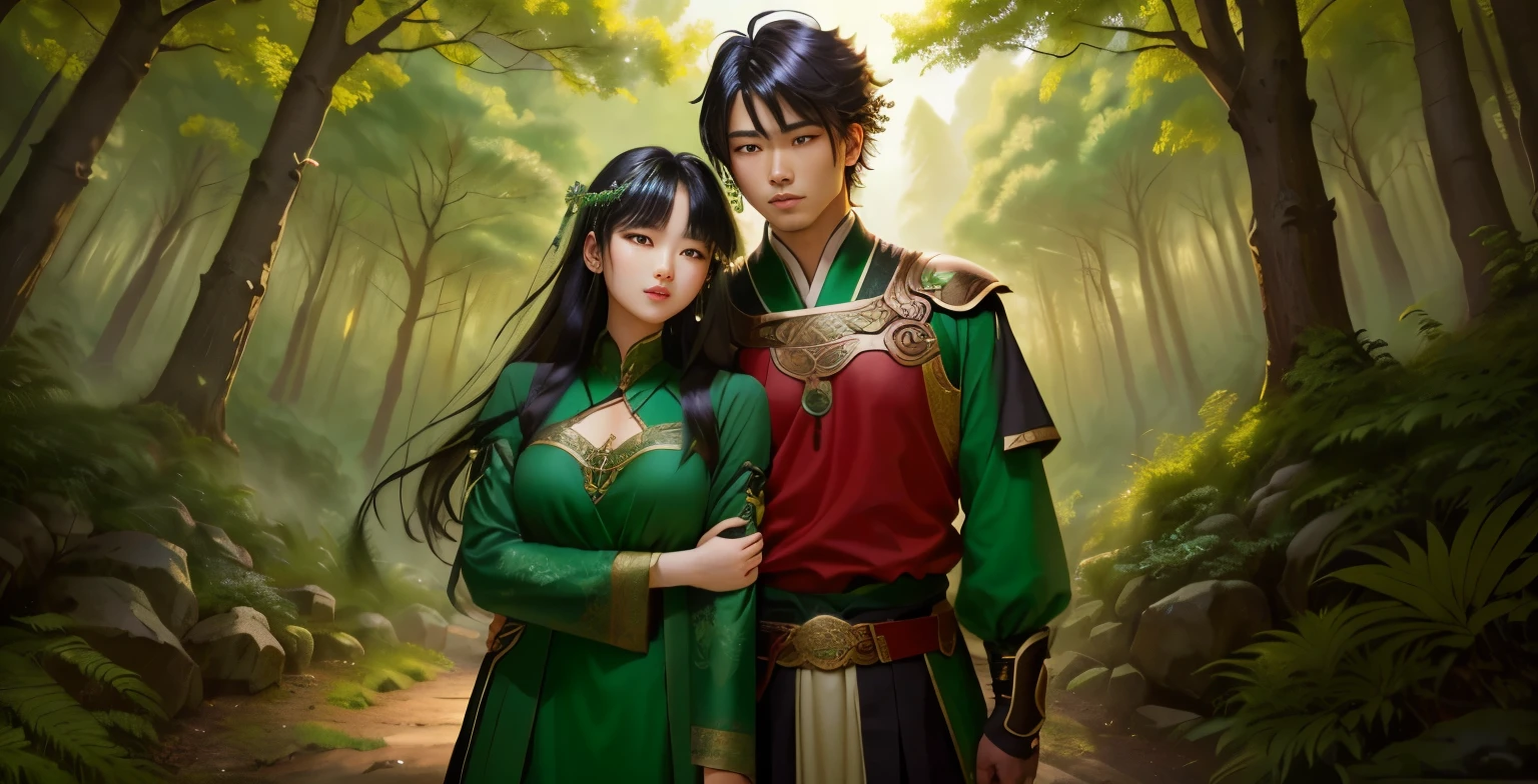 Ancient Eastern Man, Green Mysteria, Manly Tree, clouds, sword, A real romantic hero realizes black-haired fire Kumon Yu in the forest with a beautiful Korean girl... In the arm grip.