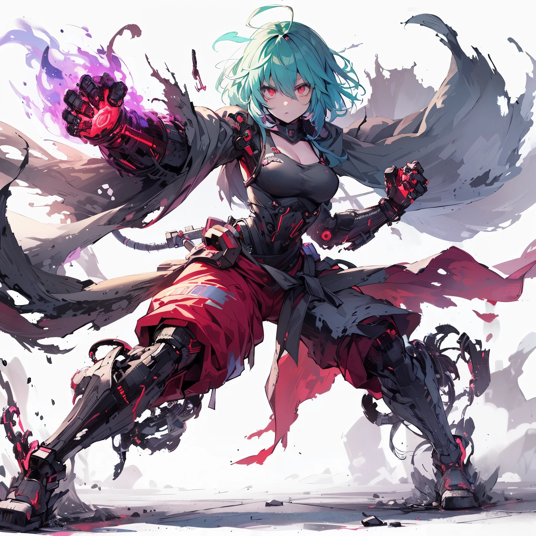 (masterpiece, Best Quality), (Perfect athlete body:1.2), (detailed hairs), Ultra-detailed, Anime style, Full body, cyberpunk Egged runner girl, burnt black mechanical limb, ((fists of black-purple flame)), Sea green two topknot hairstyle with red eyes, wearing raged cape and cyberpunk outfit. standing in burned earth, 8k high resolution, white background, whole-body, full-length view,