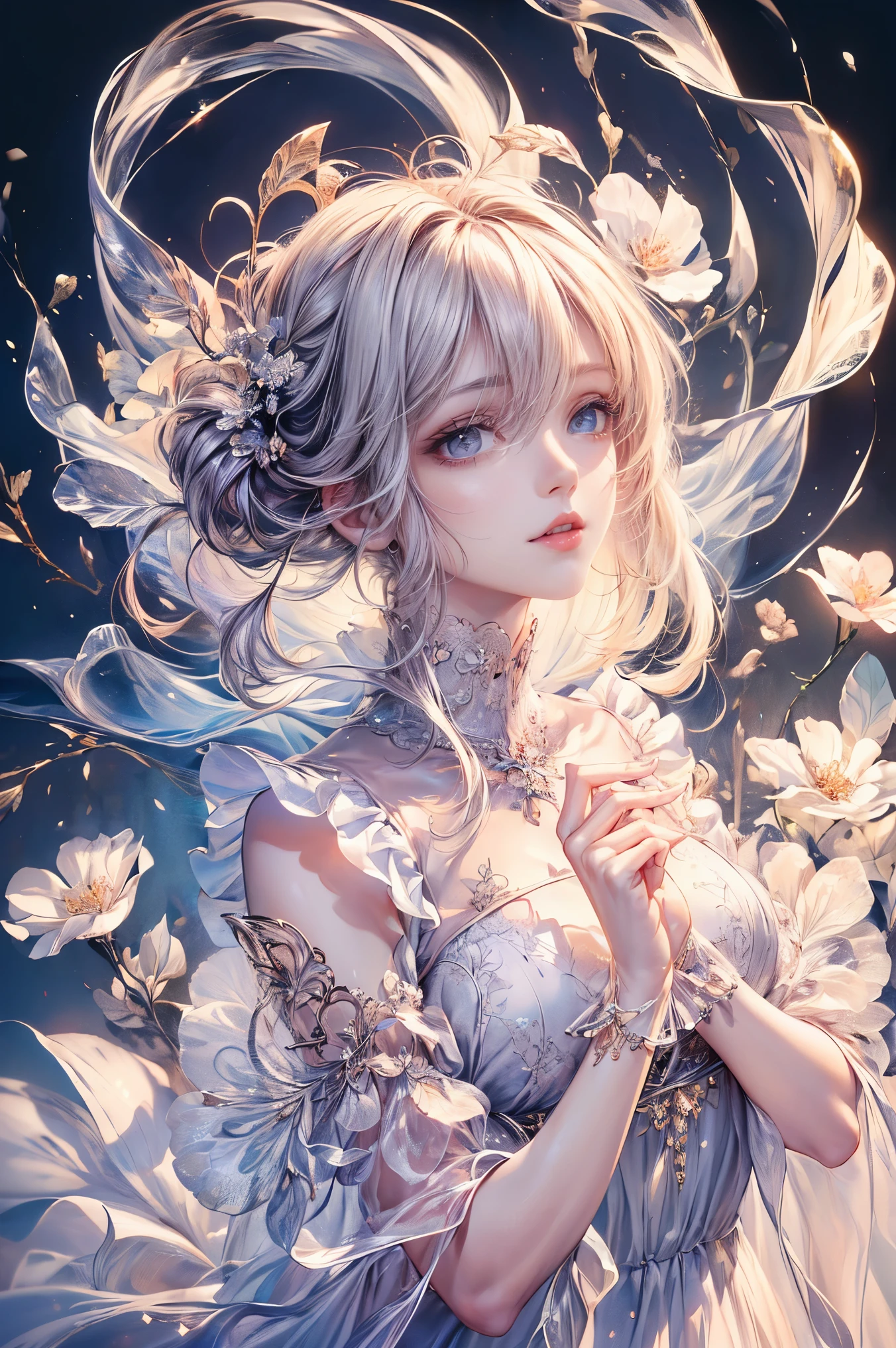 (best quality, 8k, CG, beautiful and detailed upper body, Lonely, thumb girl, transparent coat dress, flower background, complex facial features, length, floating hair, almond eye, exquisite eye makeup, length eyelashes fluttering, blink big eyes, starry sky, delicate lip details, soft and harmonious style)