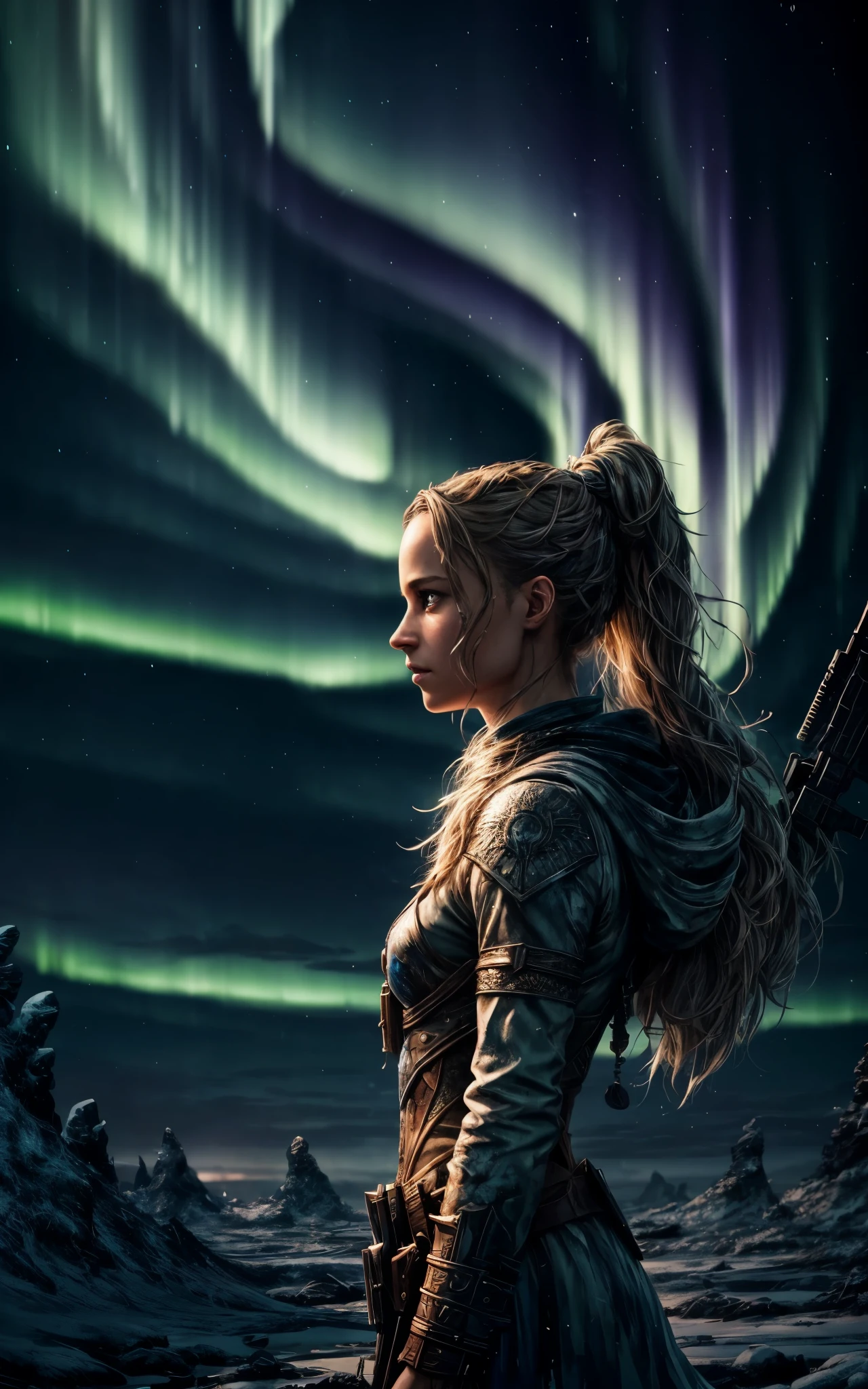 (Alicia Vikander) is Freya the nordic goddess, pale skin, messy, Full body, Beautiful anime waifu style girl, hyperdetailed painting, luminism, art by Carne Griffiths and Wadim Kashin concept art, Iceland background, northern lights, abstract beauty, approaching perfection, pure form, golden ratio, minimalistic, dark atmosphere, unfinished, concept art, intricate details, 8k post production, high resolution, hyperdetailed, trending on artstation, sharp focus, studio photo, intricate details, highly detailed,