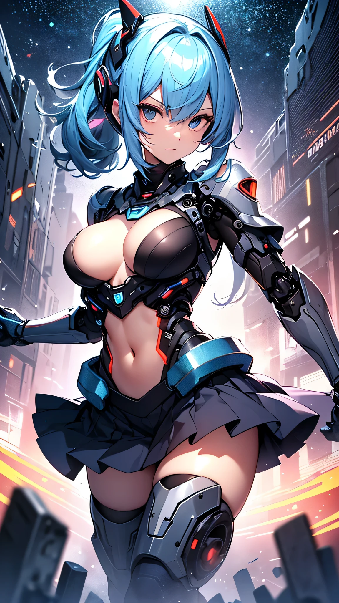 最high quality、best image quality、masterpiece、girl((cyborg、20-year-old、 By becoming、vest bust、medium bust,wide open breast tea、shining eyes, light blue hair、long hair、thin,highest valley、ponytail、robot body、Machine body、half-backed posture、floating state、mechanical sword、sharp mechanical wings、shiny boots、black underwear、black skirt、discharge from the whole body,)),high quality、beautiful art、background((Near future、Machine area、energy field))、Flight、debris flies、Depth of written boundary、movie、visual art、perfect art、8k,genuine、
