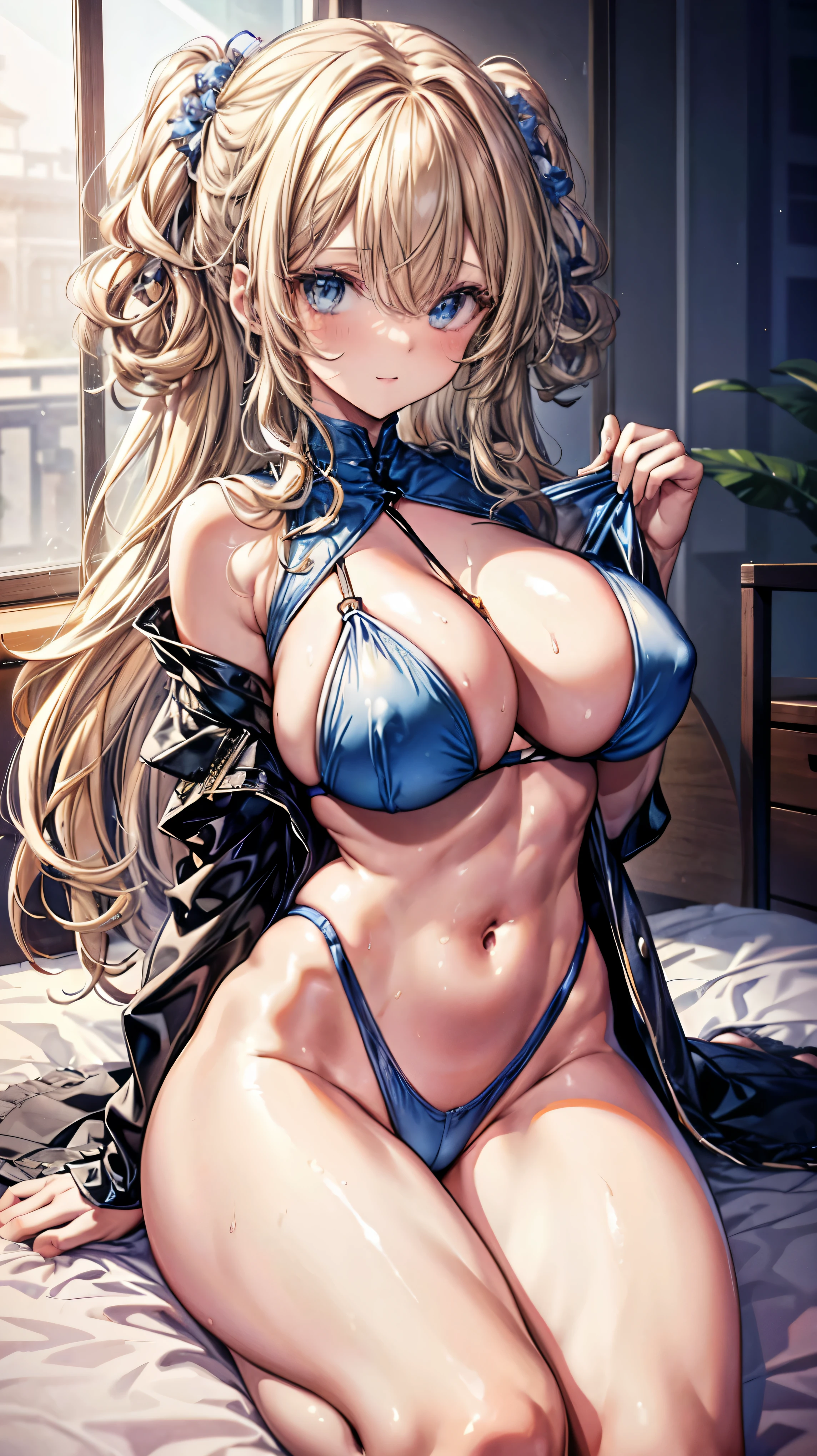 sensual, ((long blonde curly hair)), thick thighs, 8k, 4k, highest quality, High resolution:1.2), cute anime face, noise reduction, ((shining blue eyes, gentle smile, kind eyes))、toned abdominal muscles, muscular arms, muscular legs, young face, anime eyes, (((big breasts、A chest that is about to burst)))、(((the whole body is tied up)))、please lie down on the bed