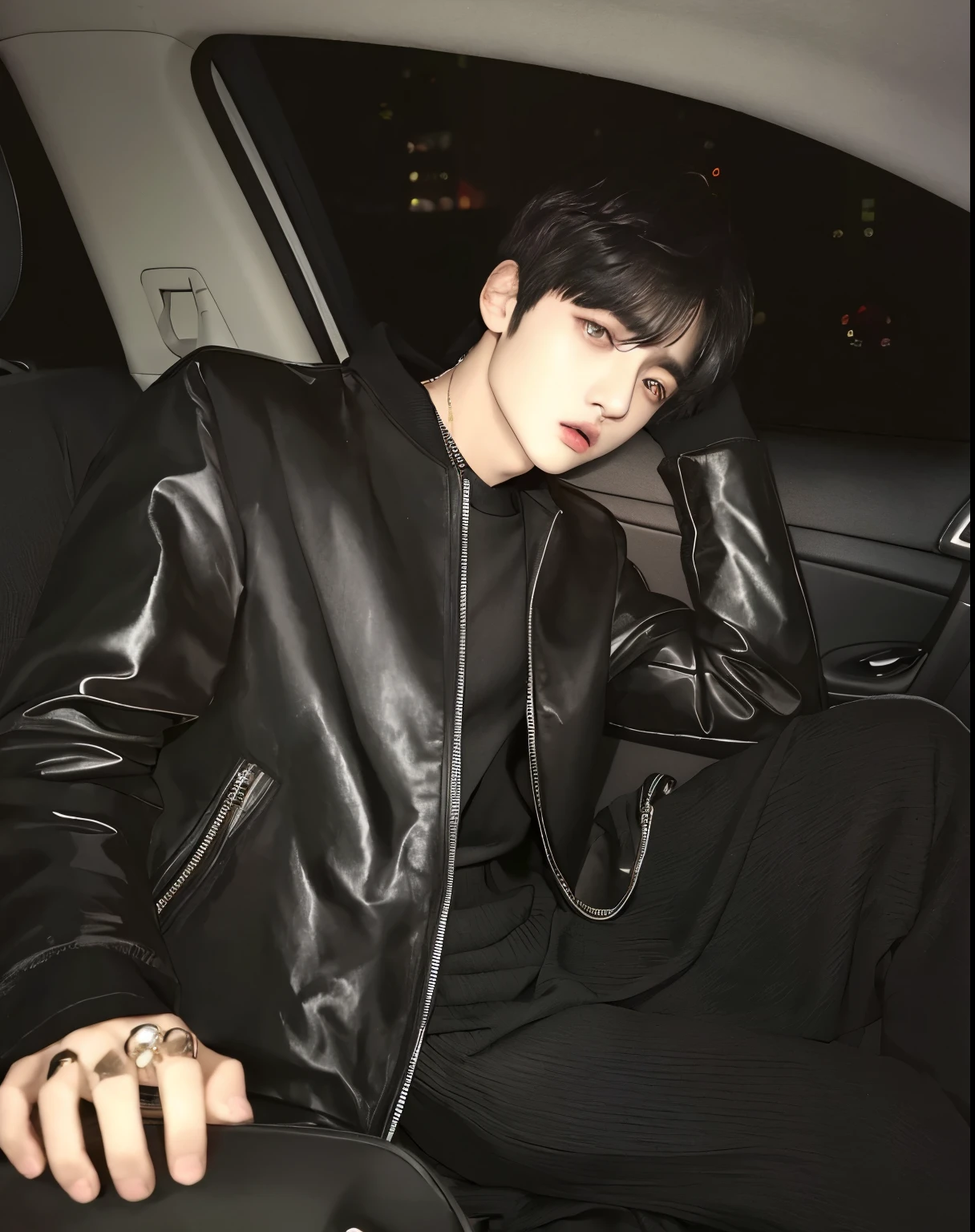 hombre araffe con una chaqueta de cuero sentado en un auto, jungkook, vestido con chaqueta de cuero, cai xukun, hyung tae, vistiendo chaqueta de cuero, kim doyoung, usando una chaqueta de cuero, Jung Jaehyun, usando abrigo de cuero, chaqueta de cuero muy estetica, vistiendo ropa negra, pintar ulzzang, jinyoung shin, vistiendo ropa negra, vestido de cuero negro