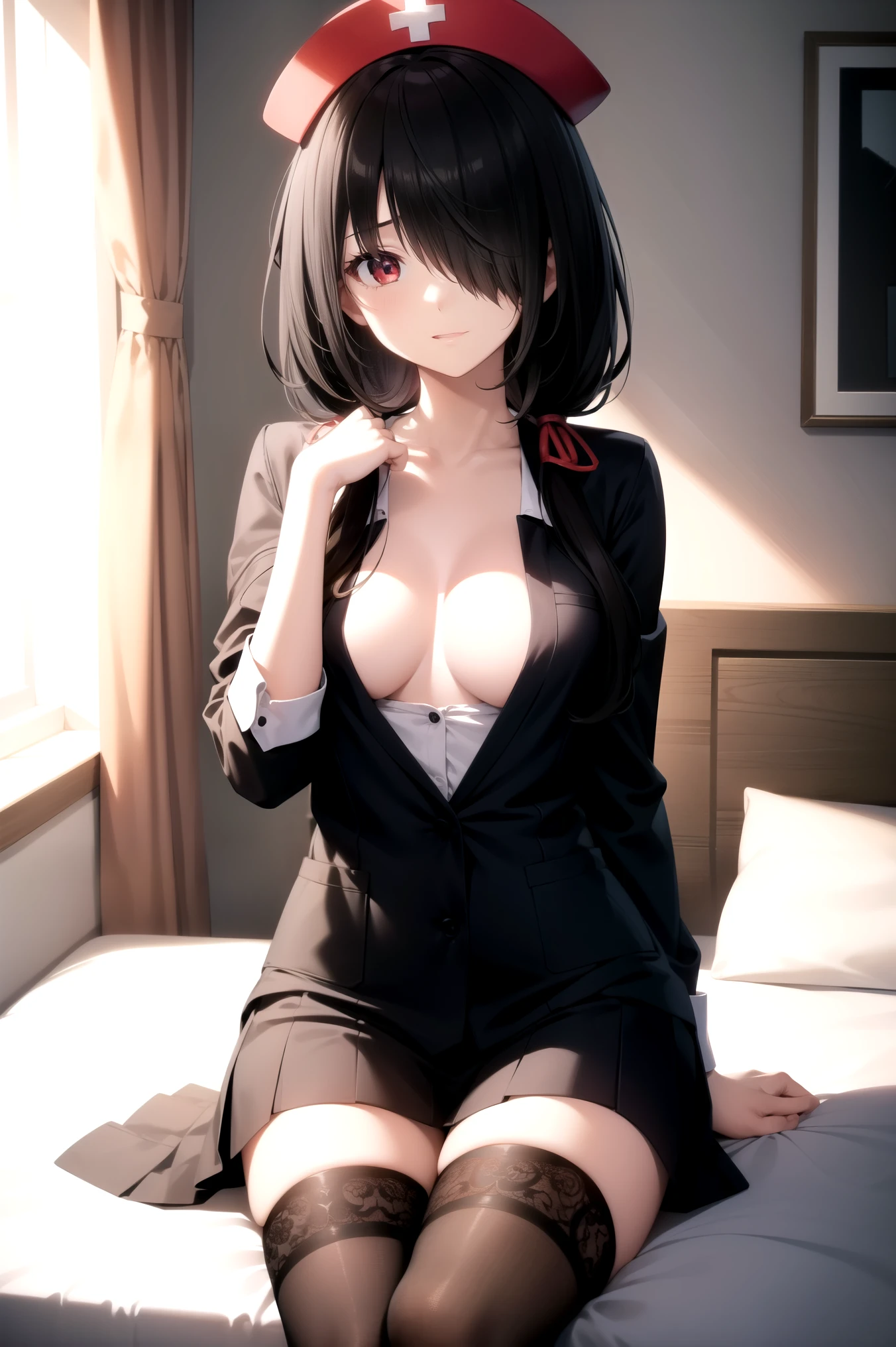 kurumitokisaki, tokisaki kurumi, black hair, low twintails, (hair over one eye:1.5), (red eyes:1.2), (small breast:1.2), BREAK thighhighs, hat, cleavage, white thighhighs, nurse cap, nurse, tokisaki kurumi, BREAK looking at viewer, BREAK indoors, bed, bedroom, BREAK (masterpiece:1.2), best quality, high resolution, unity 8k wallpaper, (illustration:0.8), (beautiful detailed eyes:1.6), extremely detailed face, perfect lighting, extremely detailed CG, (perfect hands, perfect anatomy), revealing clothes
