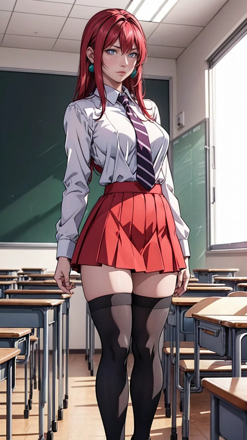 (((JC girl, school uniform, socks Thigh High), bible black school uniform, dress shirt, white shirt, low heels, long socks, black socks, school, classroom, red skirt, skirt)), (dark purple eyes), TakashiroHiroko, 1girl, mature woman, alone, cowboy shot, looking at viewer, blushing, dark purple eyes, long hair, red hair, earrings, jewelry