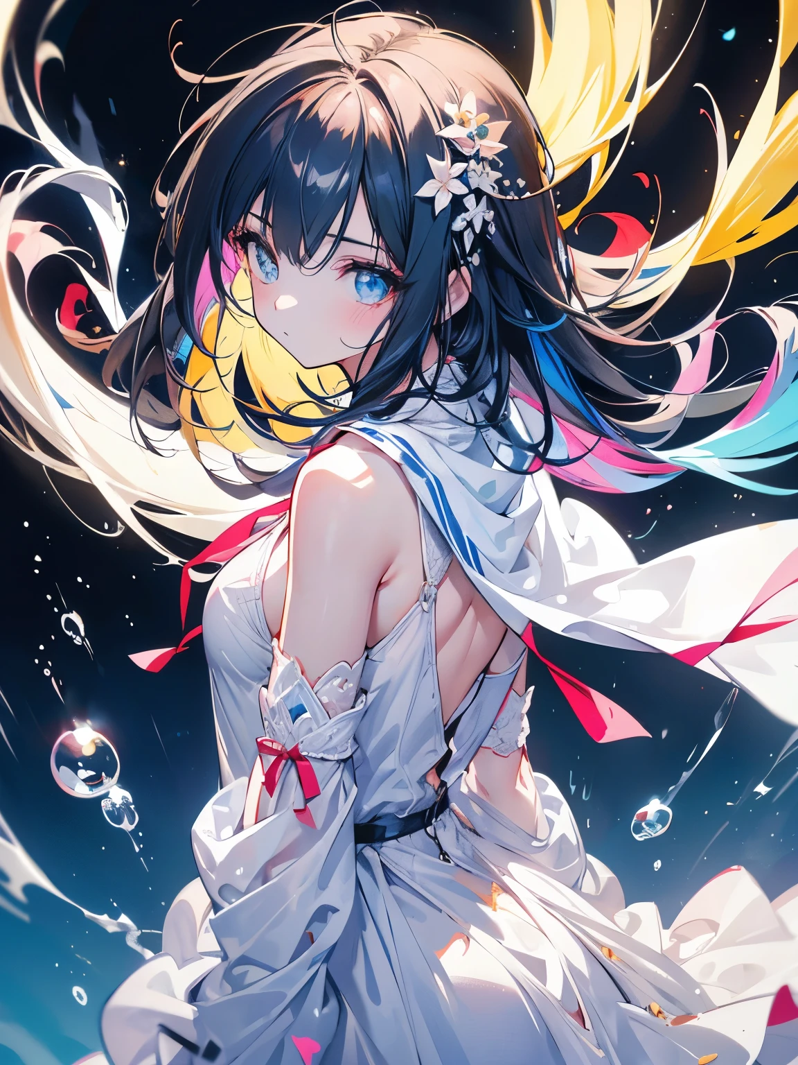 (master part), (highest quality), (Super detailed),(messy hair),(figure), (,1 girl), Avatar, macro lens, (fashion clothes), Are standing,Fashion Model, view viewer, ( interview), (simple background), beautiful and fine eyes, exquisite beauty, floating, (high color saturation), (colorful splashes), colorful bubble, (shining), focus on the face, whole body, big ass