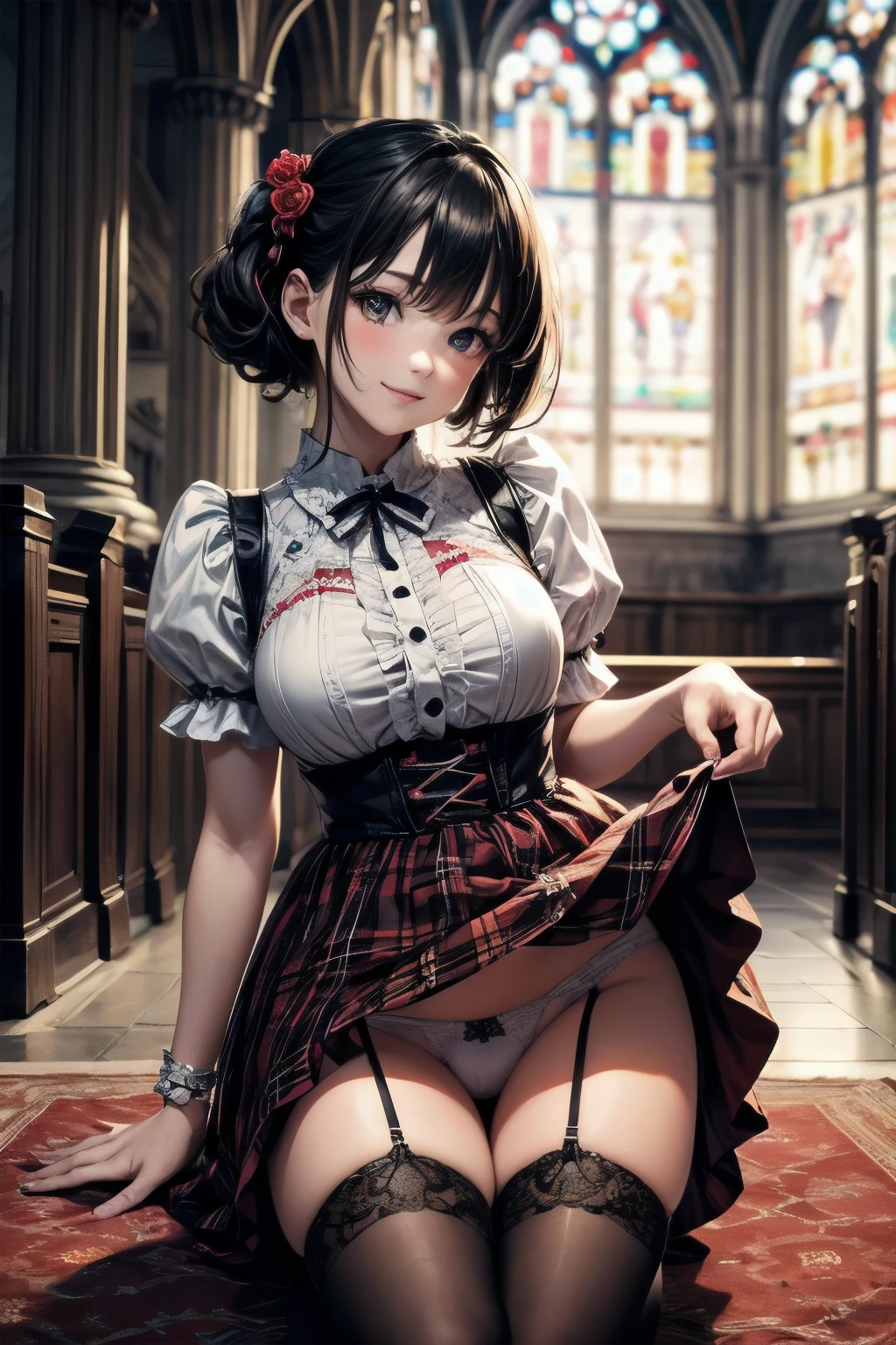 very cute and beautiful girl,(highly detailed beautiful face),
(smile:1.2),blush,black hair,cowboy shot,looking at viewer,kneeling,
(floral pattern brown ta dress with detailed frills),detailed lace,(skirt lift,white panties:1.12),
altar,church,indoors,
(best quality,masterpiece:1.2),absurdres,highres,ultra-detailed,extremely detailed,32k,8k resolution,
intricate details,cinematic scene,detailed background,solo,dynamic angle,high contrast,high saturation,