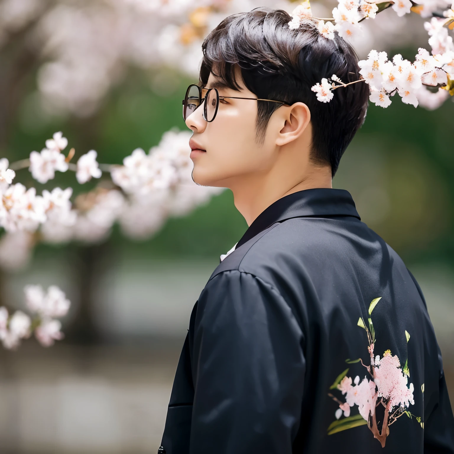 Glasses back view man cherry blossoms
