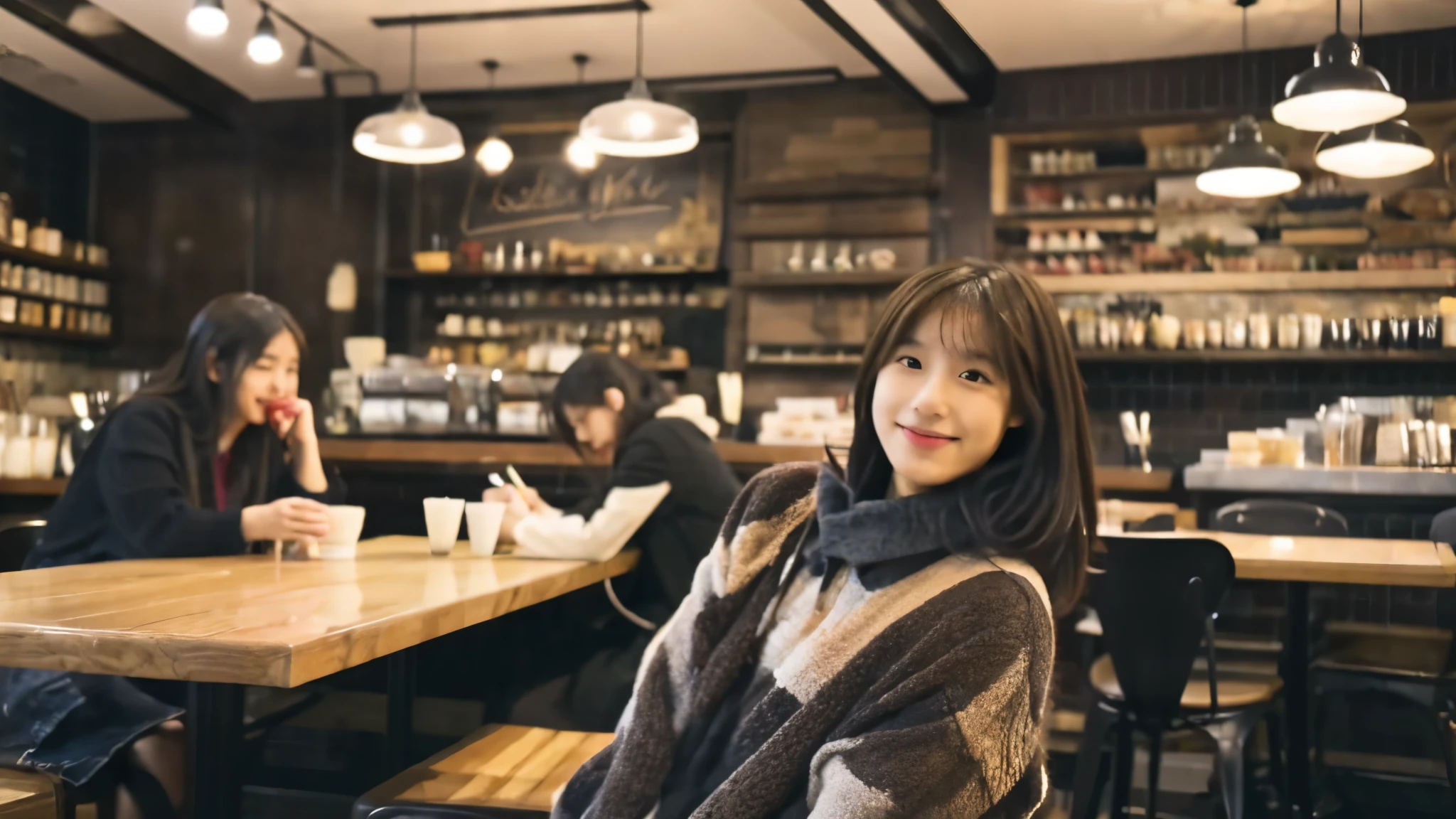 In a café in New York、A beautiful model-like woman is depicted as a Japanese female college student.。She has medium short brown hair.、I spread out my textbooks and notebooks on the table and study seriously.。The cafe is also crowded with other customers.、There is a lively atmosphere full of life.。In the background、You can see multiple staff working at the counter.、Makes the atmosphere of a city cafe more realistic。This scene is、Capturing the moment of a female college student who combines hard work and beauty.。