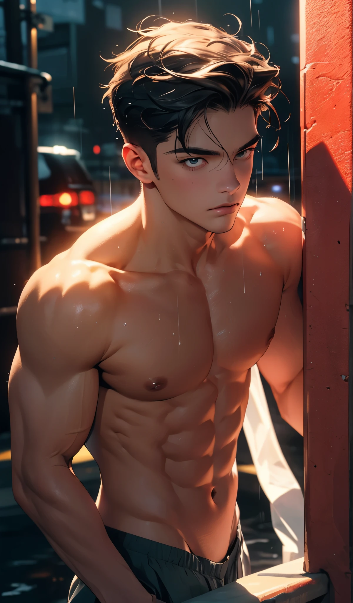 1boy,red background,absurdres,masterpiece,highres,intricately detailed,a gay man,sexy,muscular,strutting outdoors,gorgeous eyes,detailed face,pouring rain,outdoors,global illumination,subsurface scattering,