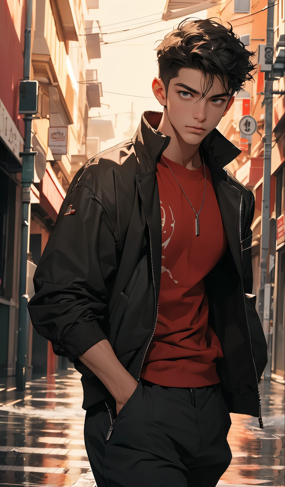 1boy,red background,absurdres,masterpiece,highres,intricately detailed,a gay man,sexy,muscular,strutting outdoors,gorgeous eyes,detailed face,pouring rain,outdoors,global illumination,subsurface scattering,