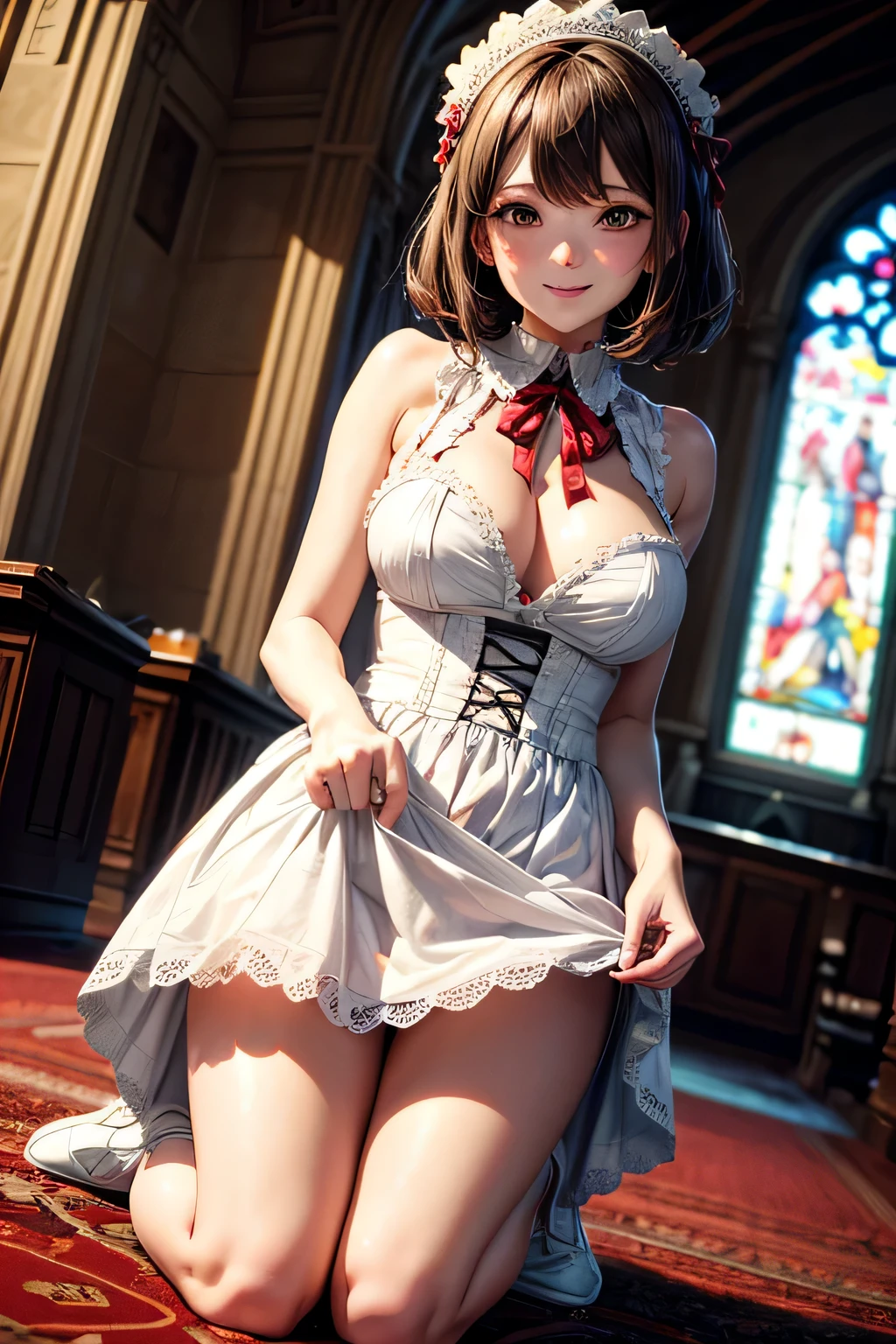 very cute and beautiful girl,(very detailed美しい顔),
(smile:1.2),blush,black hair,cowboy shot,looking at the viewer,kneel down,
(Floral brown ta dress with detailed ruffles),Fine lace,(skirt lift,white panties:1.12),
altar,church,indoor,
(highest quality,masterpiece:1.2),disorganized,High resolution,super detailed,very detailed,32K,8K resolution,
intricate details,movie-like scene,detailed background,alone,dynamic angle,high contrast,high color saturation,