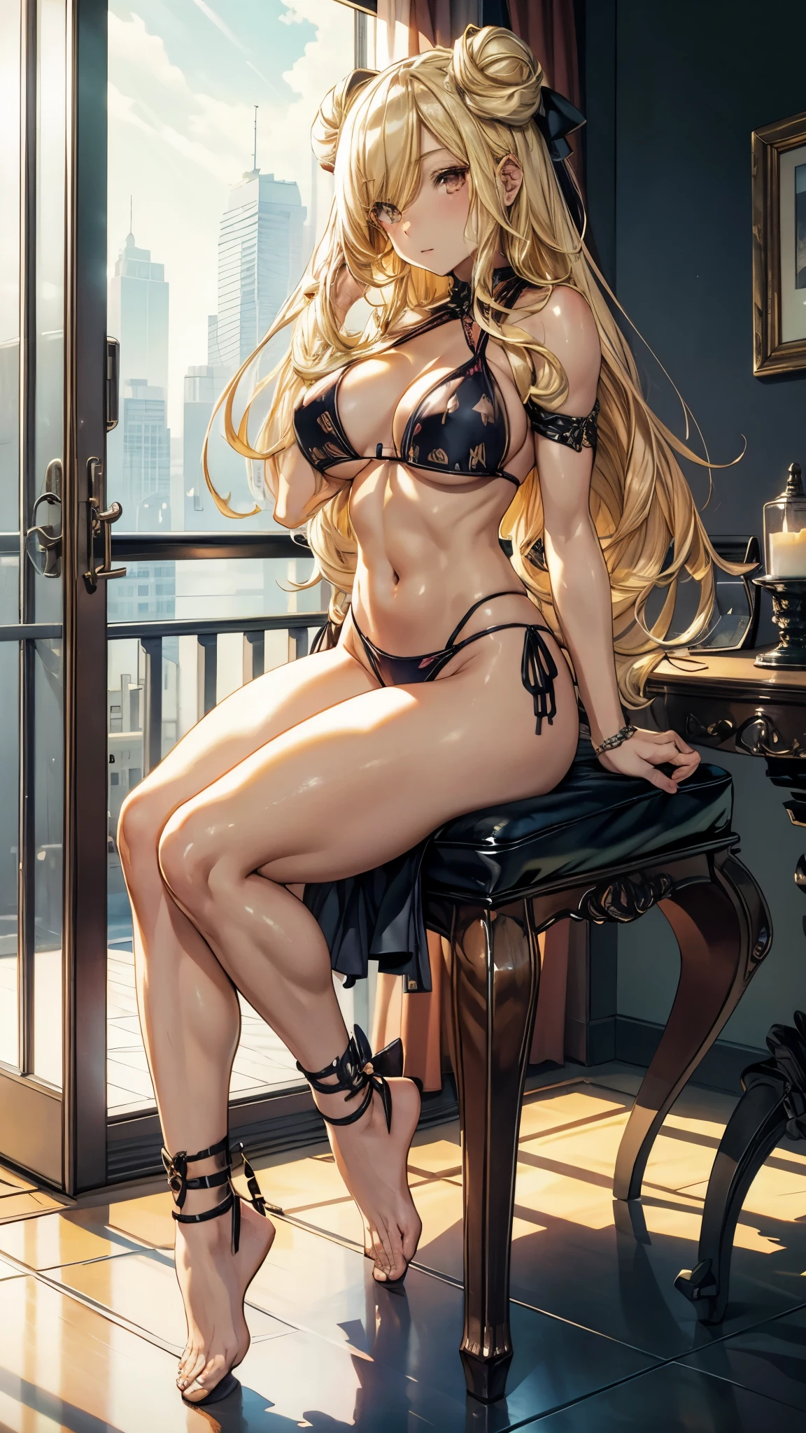 Mukuro is a beautiful young woman with a voluptuous body, having a bust considered disproportionately large for her physical age. She has golden eyes combined with flowing blonde hair that is longer than her own body. She ties her hair in an Odango hairstyle and wears ribbons around her buns, she has muscular legs and a muscular stomach, a small waist, and (((wears a very sexy and small bikini that leaves her entire backside exposed and her breasts exposed) )), {{{ffull body photo}}}, (((in the motel room))), (((giant breasts))), Big Breasts, just breasts, Huge Breasts, bare feet, little smile, mischievous, (((sitting on the chair with her legs crossed))), (bare legs)