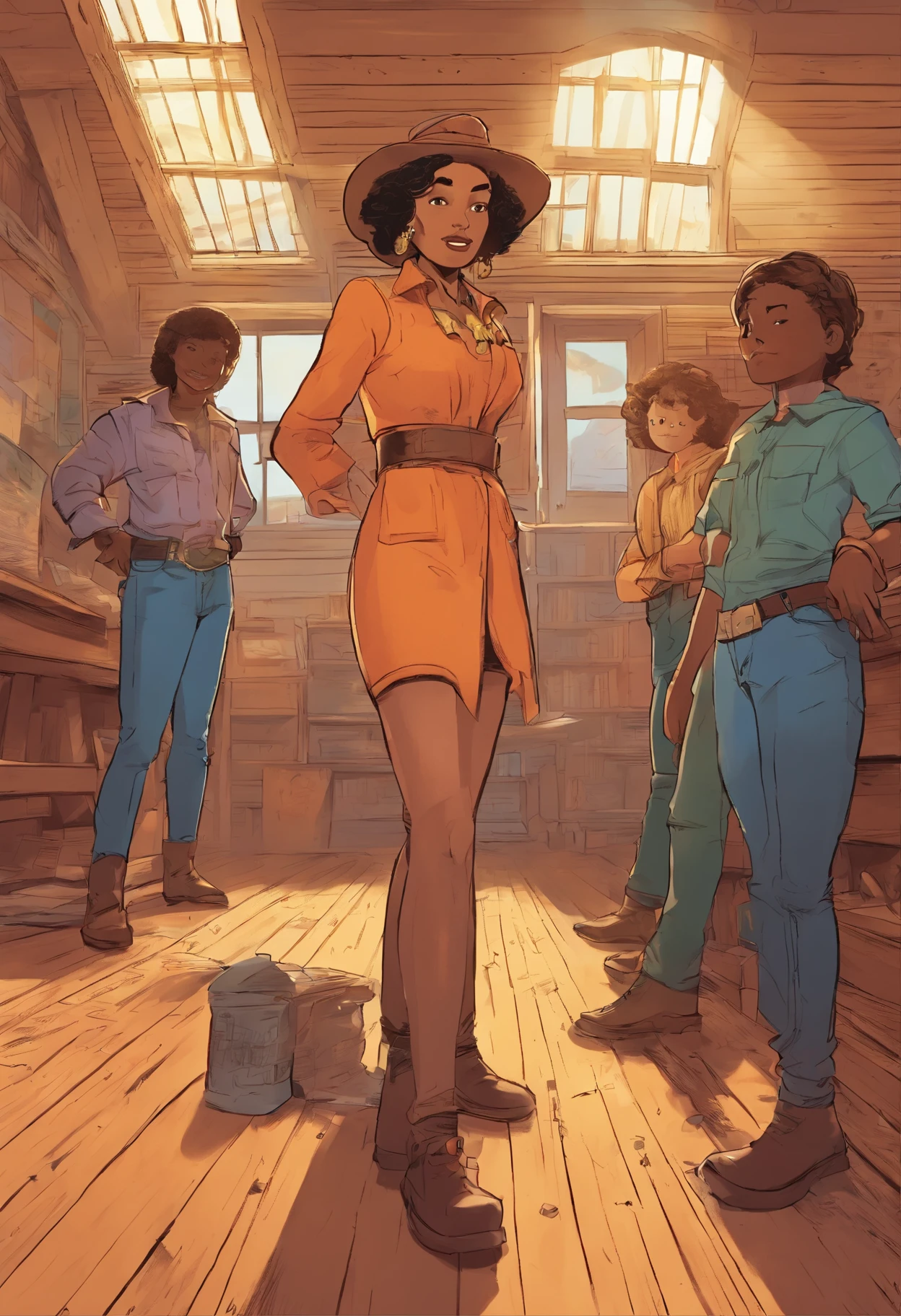 Action scene in a western movie, Lily Jamison stands at the front of a modest, one-room schoolhouse, surrounded by eager faces of her students, with sunlight streaming through the windows casting a warm glow over the room. ((pointed at the viewer)). Full body