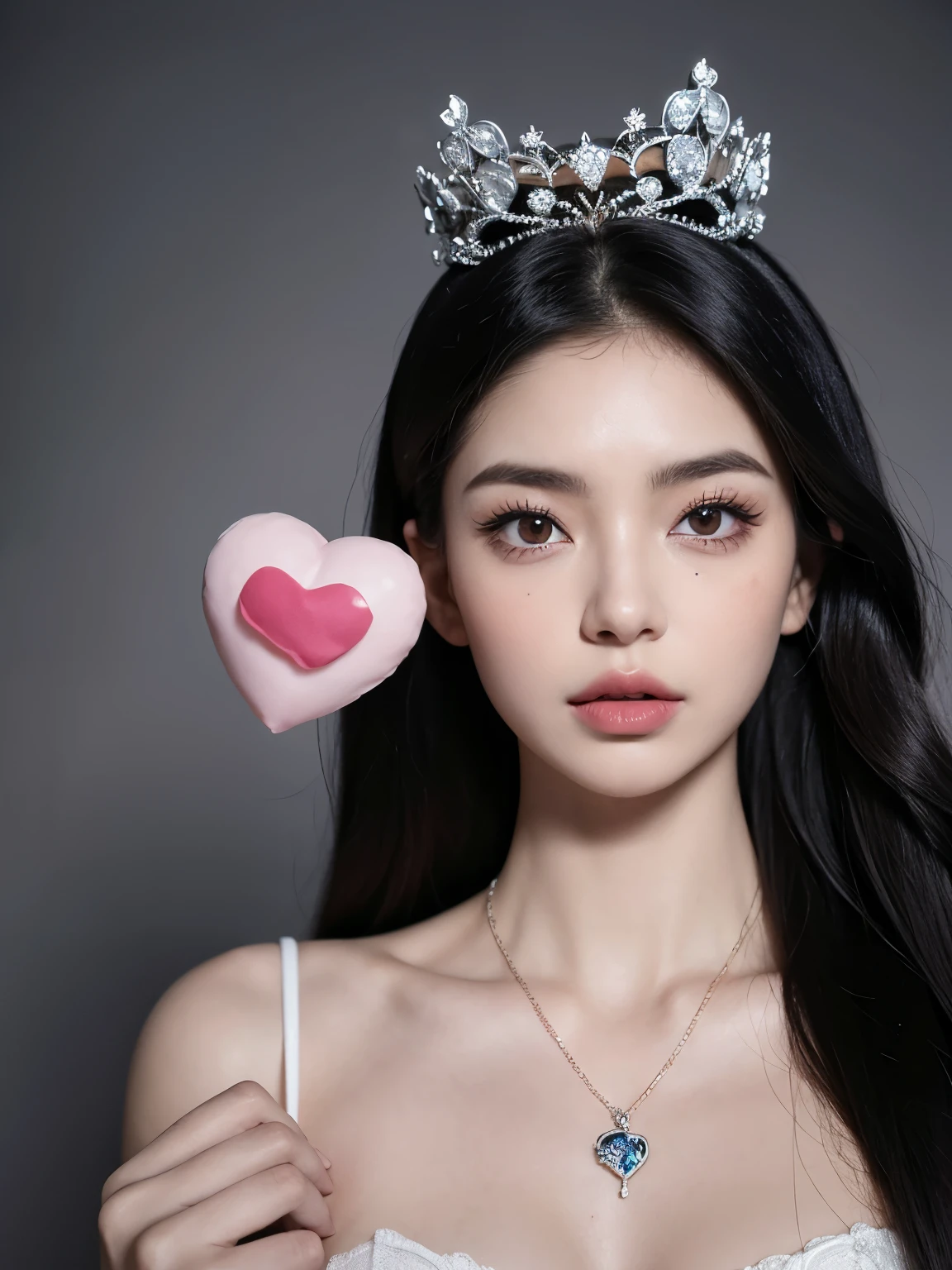Kim Jennie con el cabello ????? oscuro, con rulos en las puntas del cabello ????? oscuro, con un ganchito de estrella en el cabello ????? oscuro, ojos de color claro, ojos bonitos, nariz bonita y respingada, labios bonitos, labios rosas, heart and cupid shaped lip, piel bonita, pale, white skin, con lunares y pecas en todo el rostro, rubor rosa suave en las mejilla, rubor rosa natural, dark and gothic makeup, Jennie gotica, cuellos bonito, cuello marcado, frown, mirada enojada, con un collar de beso, un collar bonito de beso, mientras muestra sus pechos desnudos, mientras tiene los pezones con dos corazones de papel rosa, tiene los pezonnes con corazones de papel rosa (pechos grandes, pechos suaves, pechos bonitos, pechos naturaleirando a la camara, autofoto 