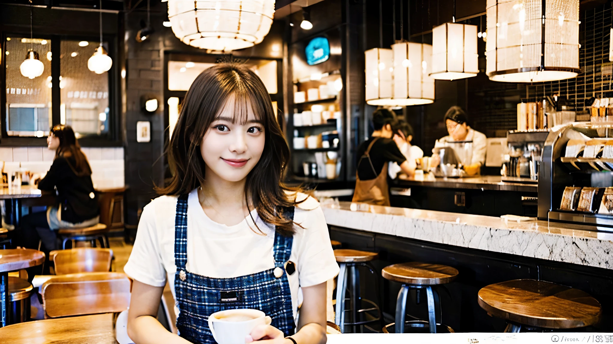 In a café in New York、A beautiful model-like woman is depicted as a Japanese female college student.。She has medium short brown hair.、I spread out my textbooks and notebooks on the table and study seriously.。The cafe is also crowded with other customers.、There is a lively atmosphere full of life.。In the background、You can see multiple staff working at the counter.、Makes the atmosphere of a city cafe more realistic。This scene is、Capturing the moment of a female college student who combines hard work and beauty.。