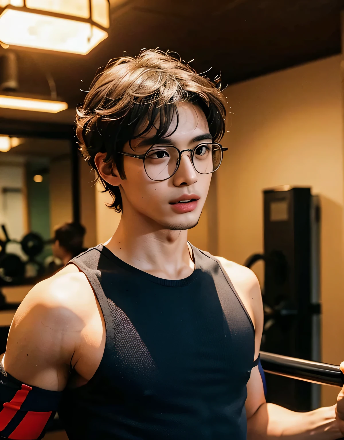 1 boy with glasses, 21 magic, Handsome, Short brown curly hair, Slightly muscular, Work out in the gym