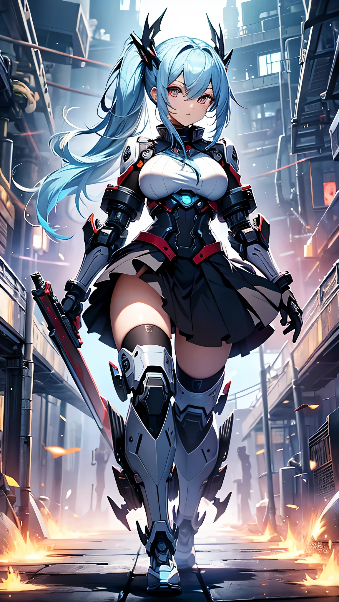 （masterpiece：1.2，high quality）， One girl， （（Ultra-Realistic Details））， Global Illumination， shadowing， Dynamic Lighting， Metal，， Decorations detailed， Very intricate details， （Mechanical body：1.2）， White Hair，High Ponytail， gear， Apocalyptic，Huge ，Blue and white armor，Skirt Armor,Meteors